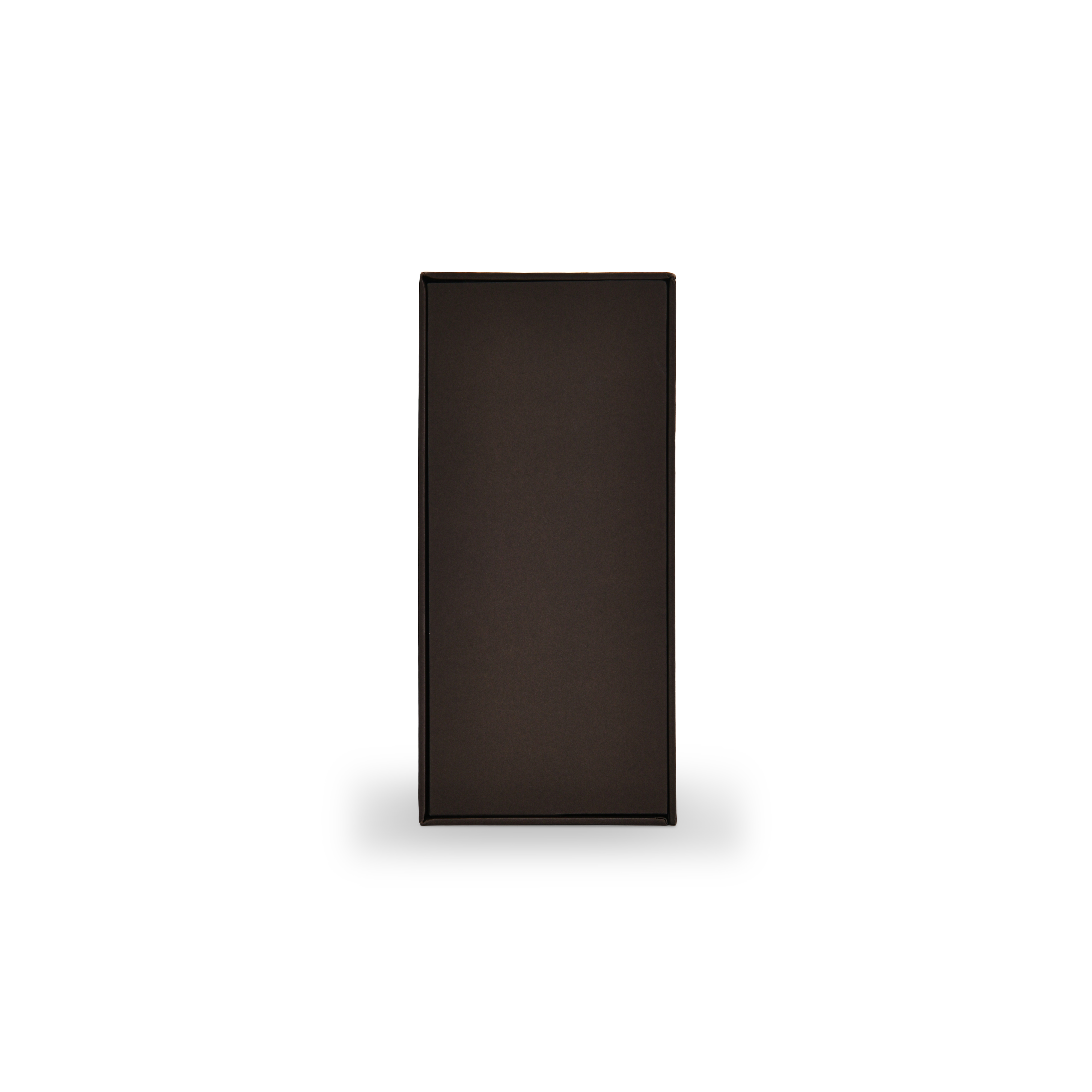 Luxury rigid magnetic gift box side profile view showing slim depth and uniform deep coffee brown specialty paper finish
