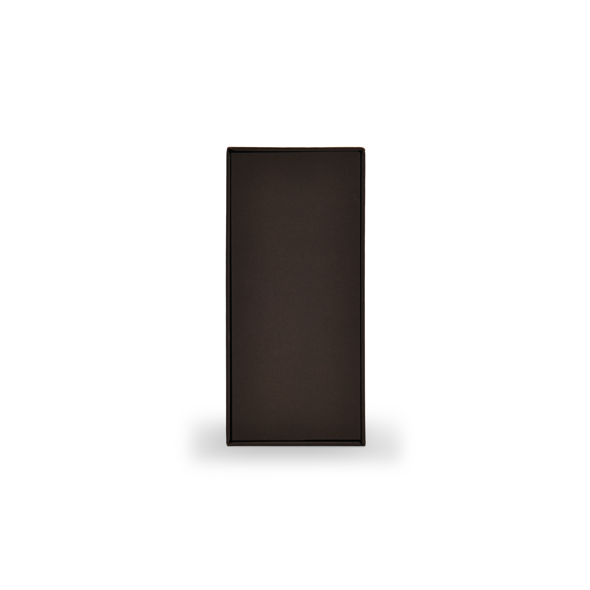 Luxury rigid magnetic gift box side profile view showing slim depth and uniform deep coffee brown specialty paper finish
