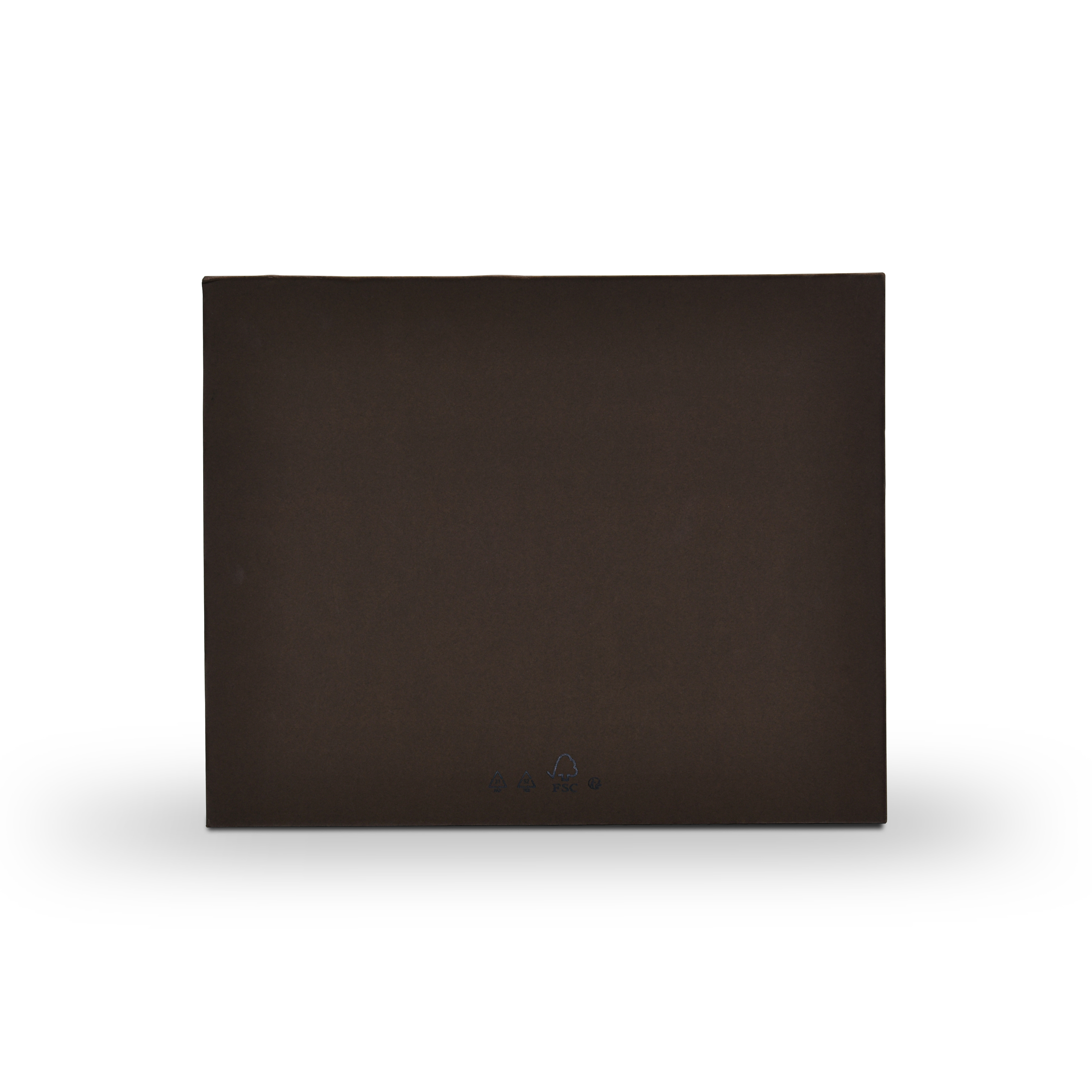 Back view of premium deep coffee brown magnetic gift box showing FSC certification and recycling compliance marks in tonal blind emboss