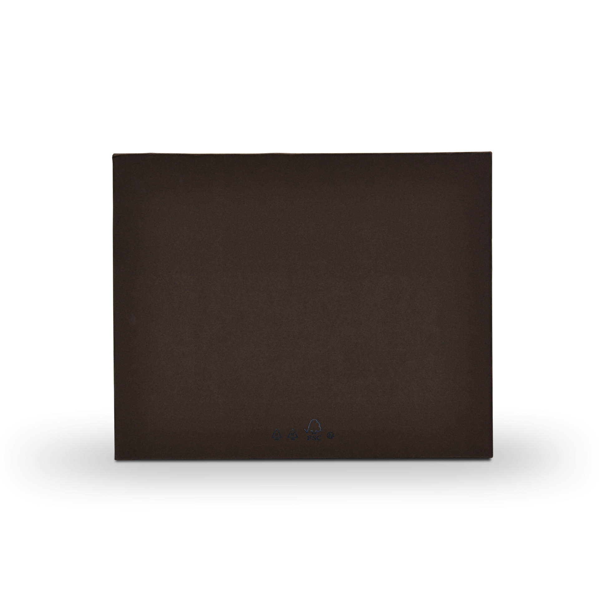Back view of premium deep coffee brown magnetic gift box showing FSC certification and recycling compliance marks in tonal blind emboss