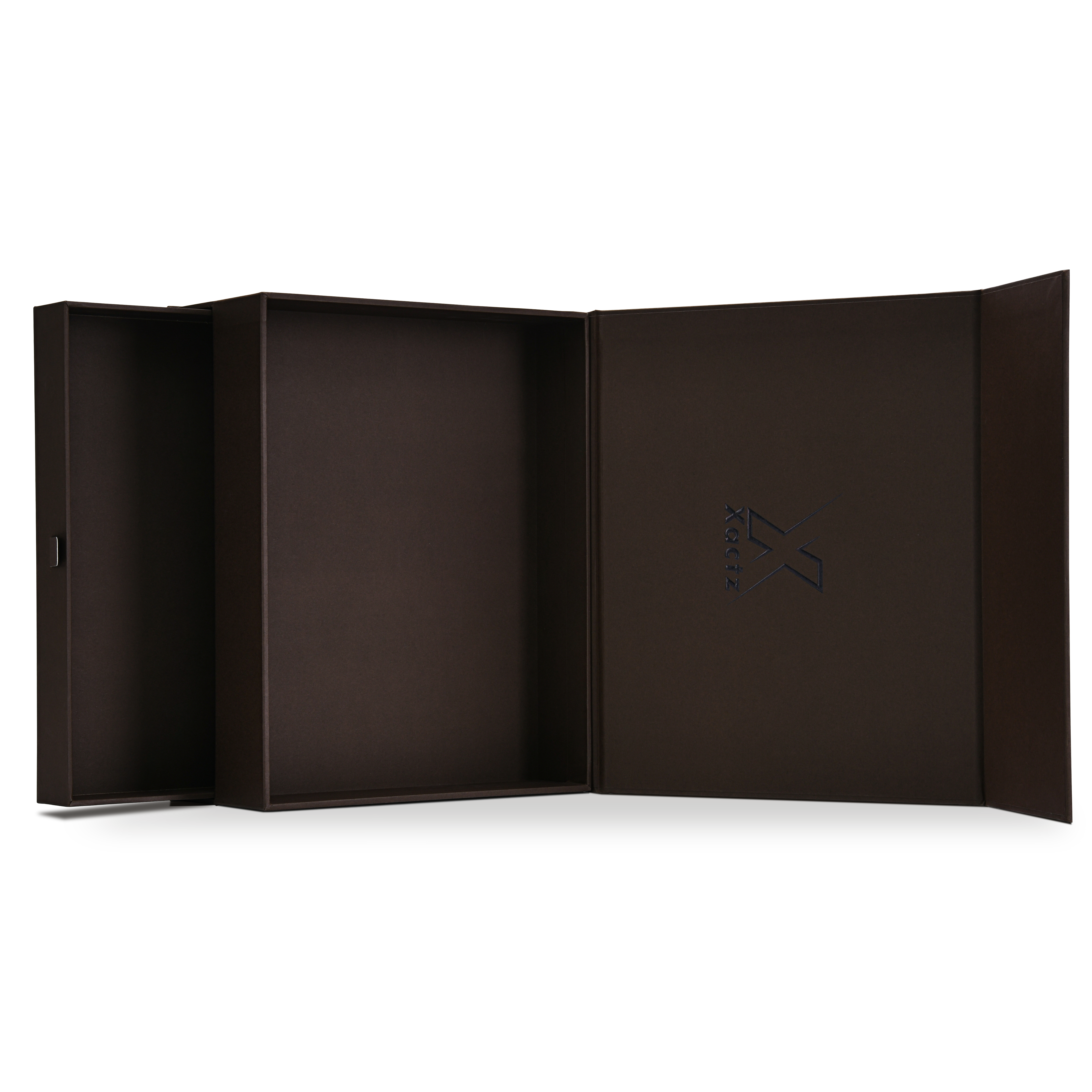 Premium deep coffee brown double layer magnetic gift box fully open wide angle view revealing deep coffee brown interior lining and pull ribbon drawer on left side