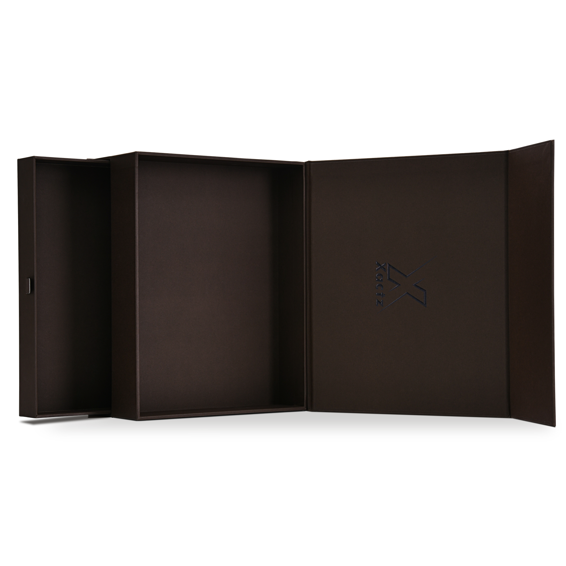 Premium deep coffee brown double layer magnetic gift box fully open wide angle view revealing deep coffee brown interior lining and pull ribbon drawer on left side