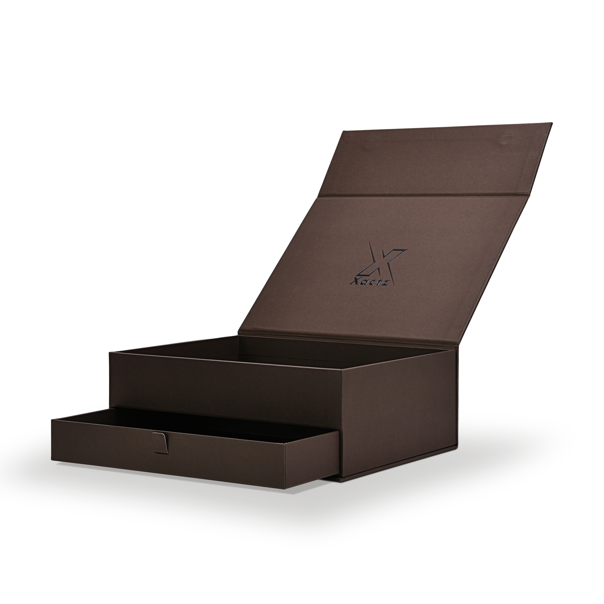 Luxury deep coffee brown magnetic gift box open three quarter view showing blind embossed Xactz logo on interior lid and lower pull ribbon drawer partially extended