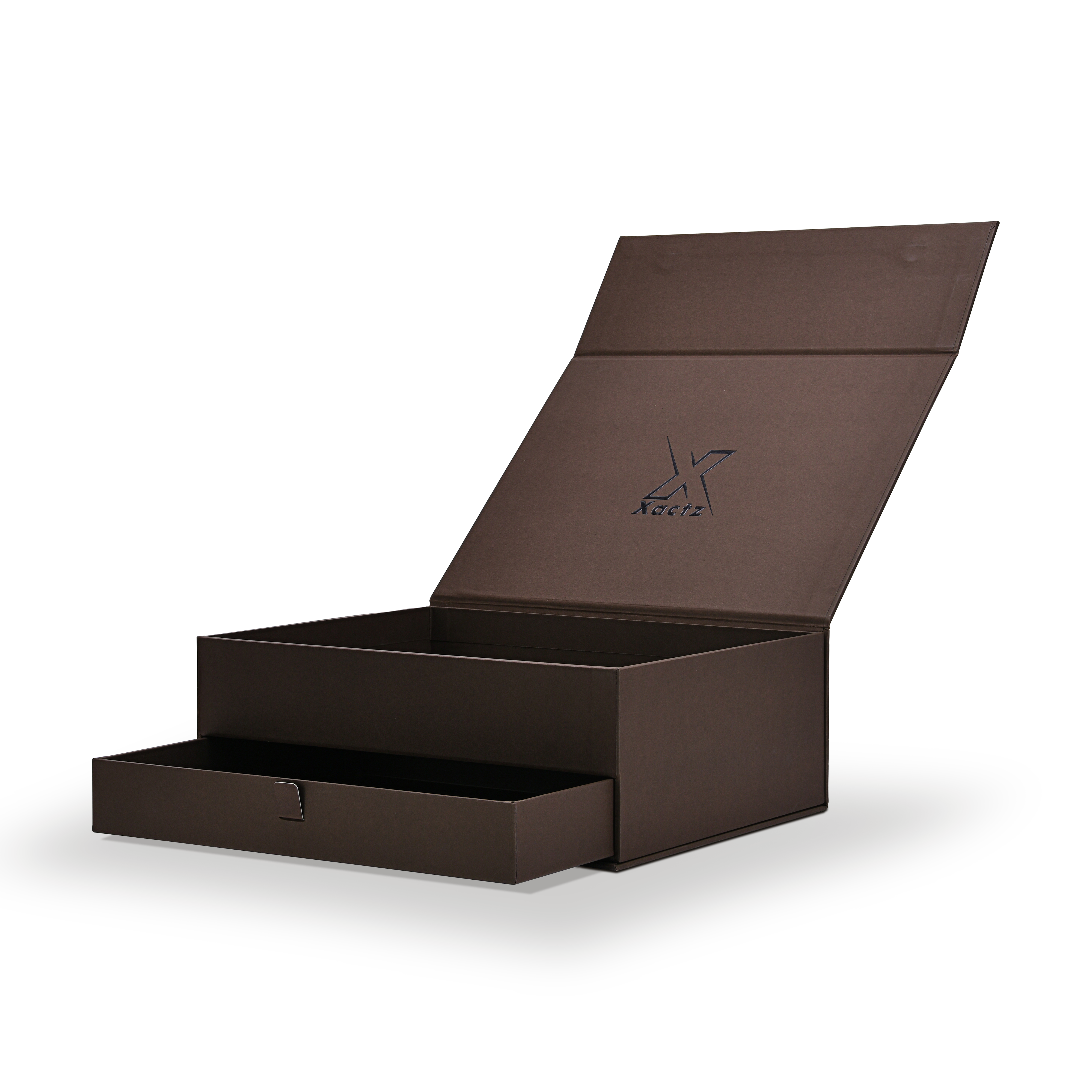 Luxury deep coffee brown magnetic gift box open three quarter view showing blind embossed Xactz logo on interior lid and lower pull ribbon drawer partially extended