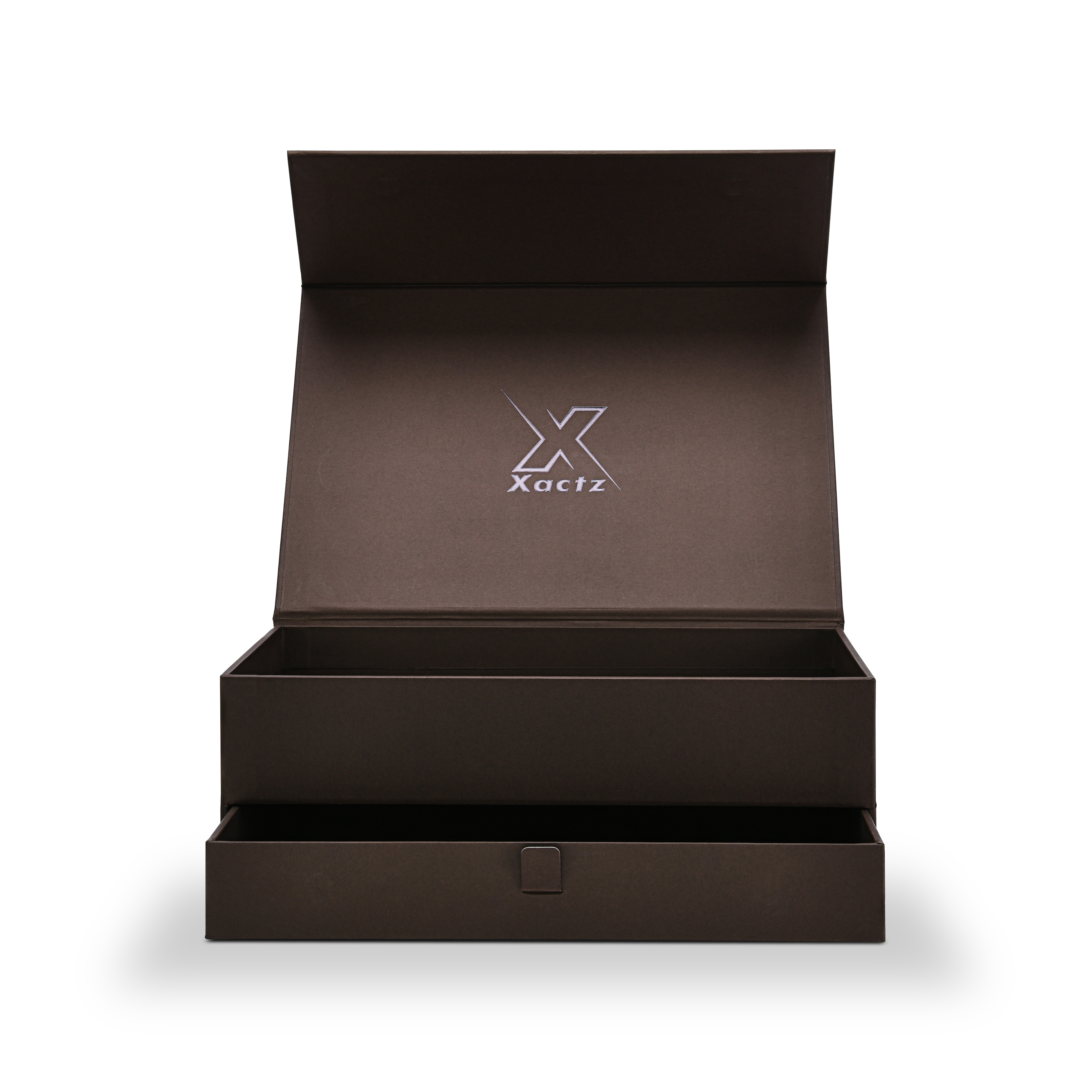 Premium deep coffee brown rigid magnetic gift box open front view showing interior lid with silver Xactz logo emboss and lower pull ribbon drawer fully extended