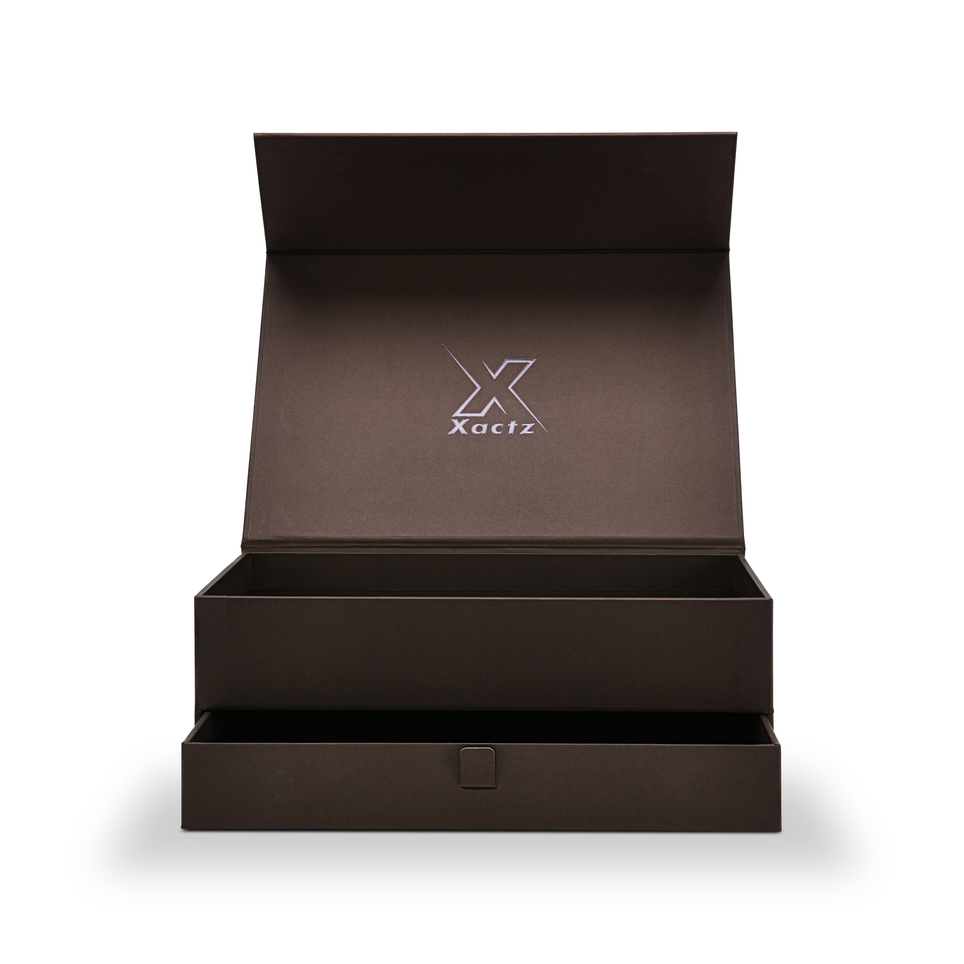 Premium deep coffee brown rigid magnetic gift box open front view showing interior lid with silver Xactz logo emboss and lower pull ribbon drawer fully extended