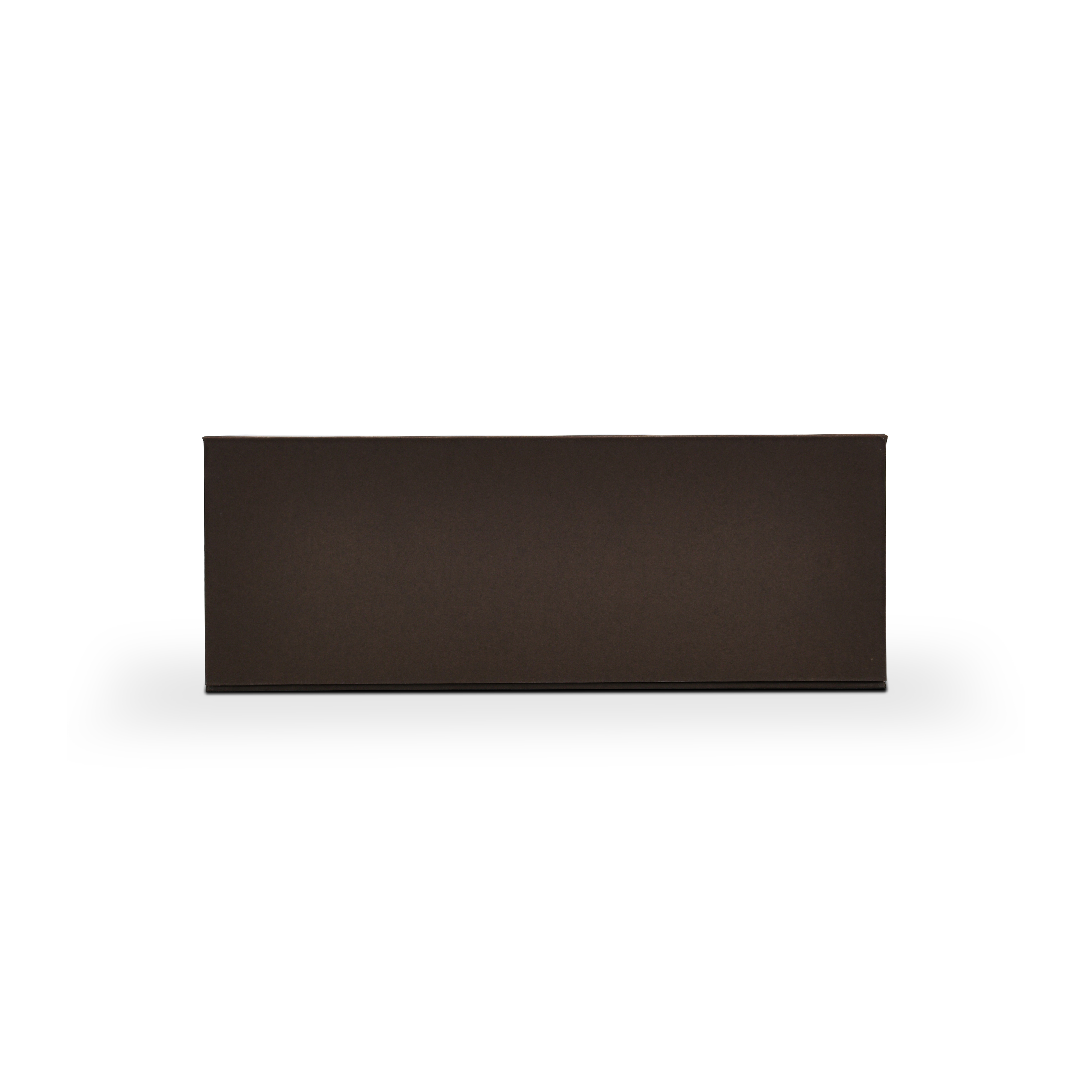 Deep coffee brown magnetic gift box side profile showing lower pull ribbon drawer extended outward from rigid base construction