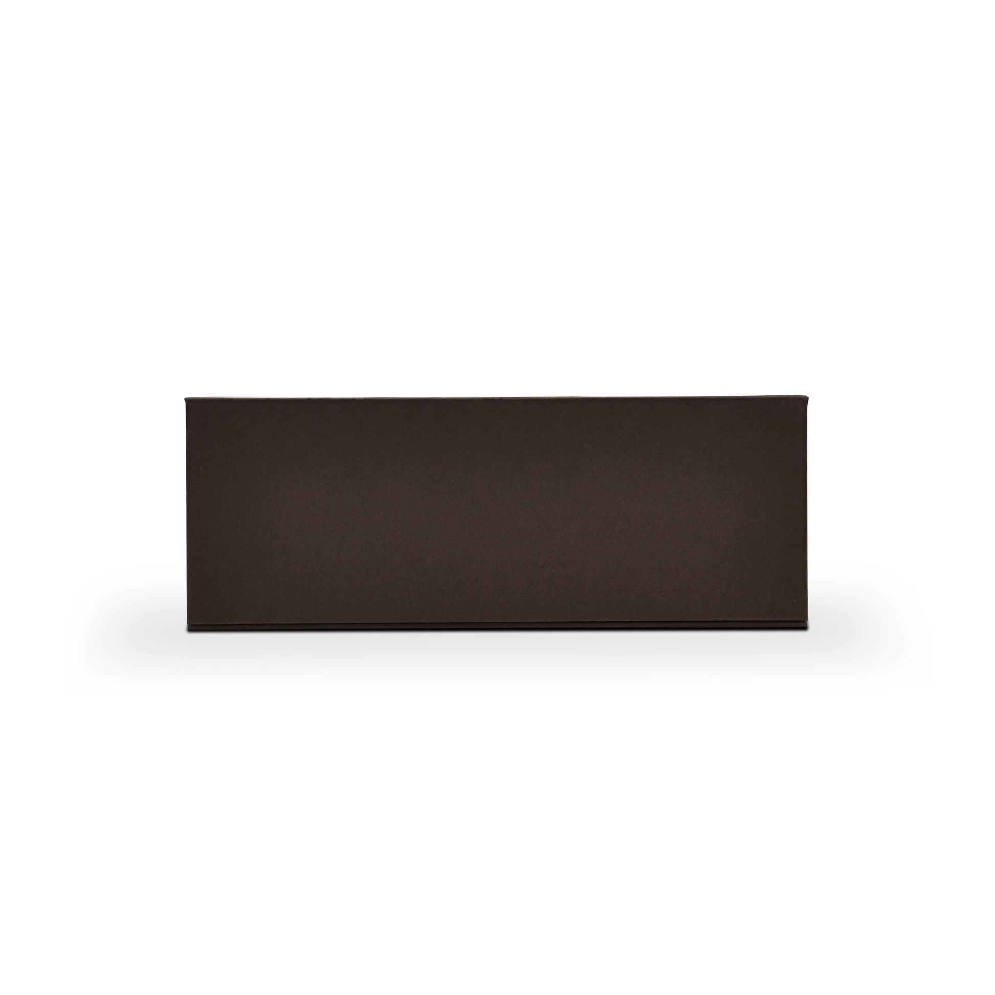 Deep coffee brown magnetic gift box side profile showing lower pull ribbon drawer extended outward from rigid base construction