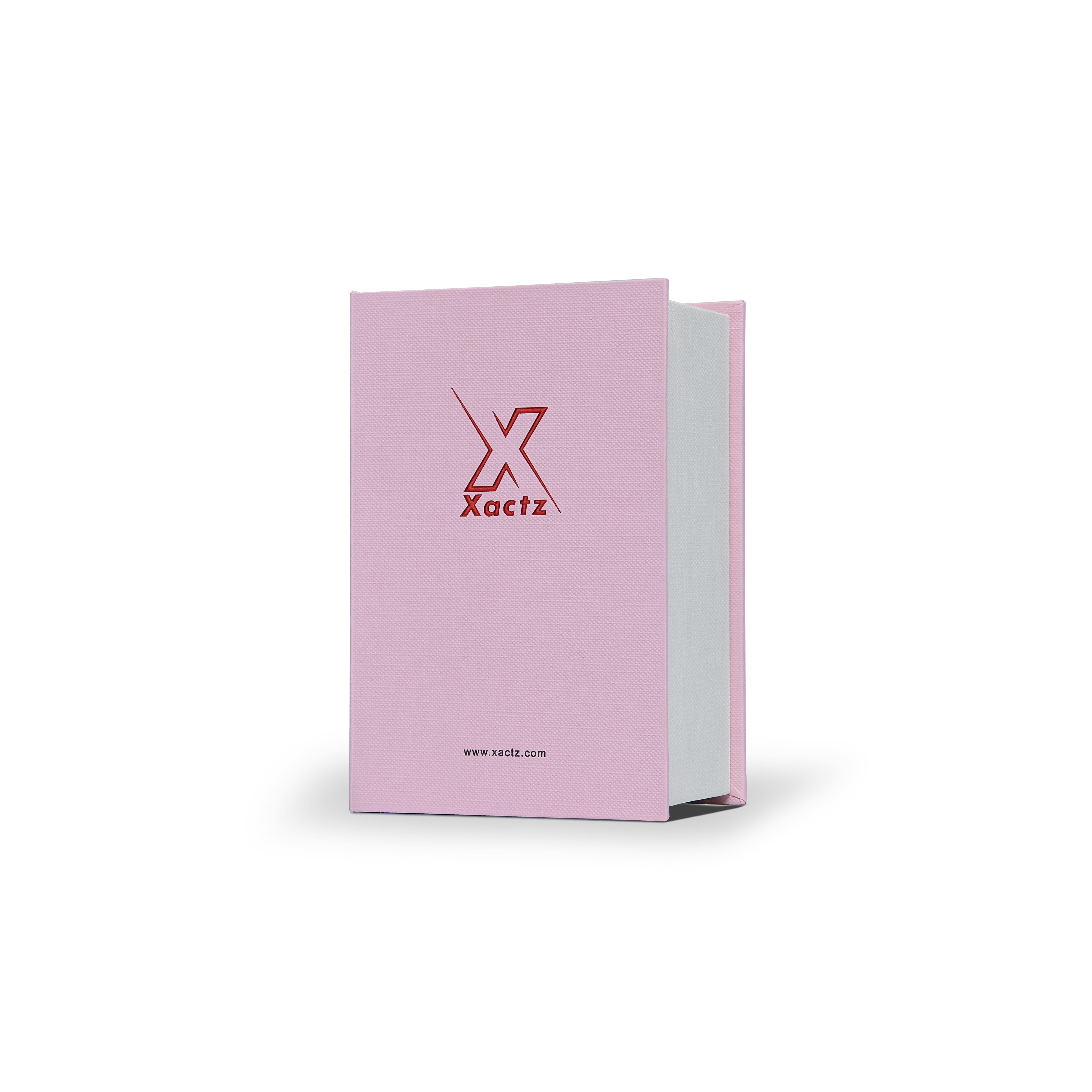 Pink Beige Embossed Red Gold Foil Book-Shaped Luxury Gift Box with Debossed Border Frame and Rectangular Inner Tray