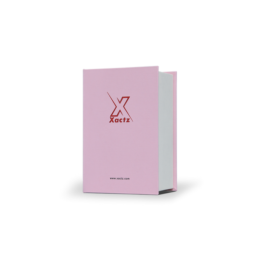 Pink Beige Embossed Red Gold Foil Book-Shaped Luxury Gift Box with Debossed Border Frame and Rectangular Inner Tray