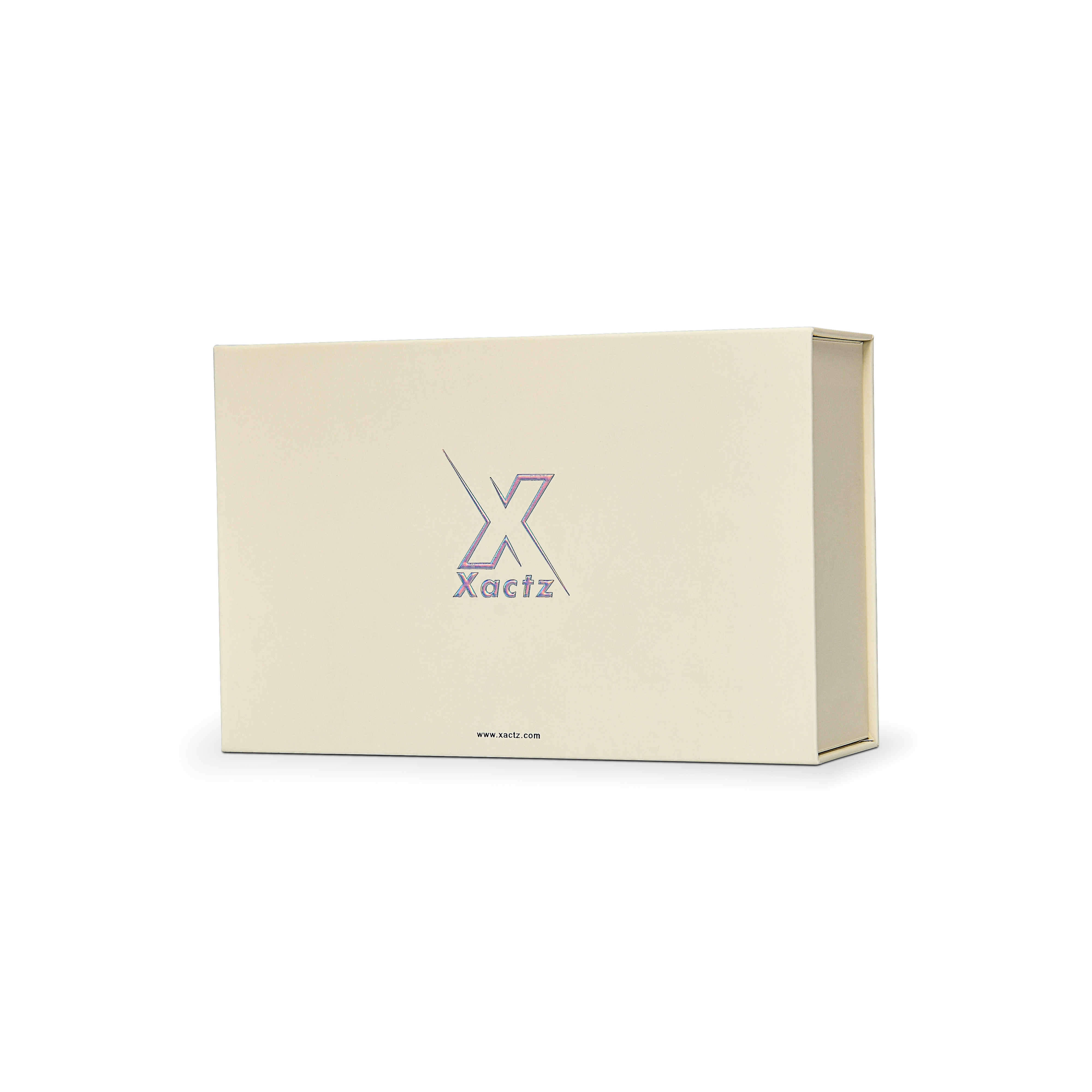 Premium Beige Book-Style Box with Embossed Holographic Silver Foil, Touch Film, Magnetic Closure and Yellow Raffia Grass Interior