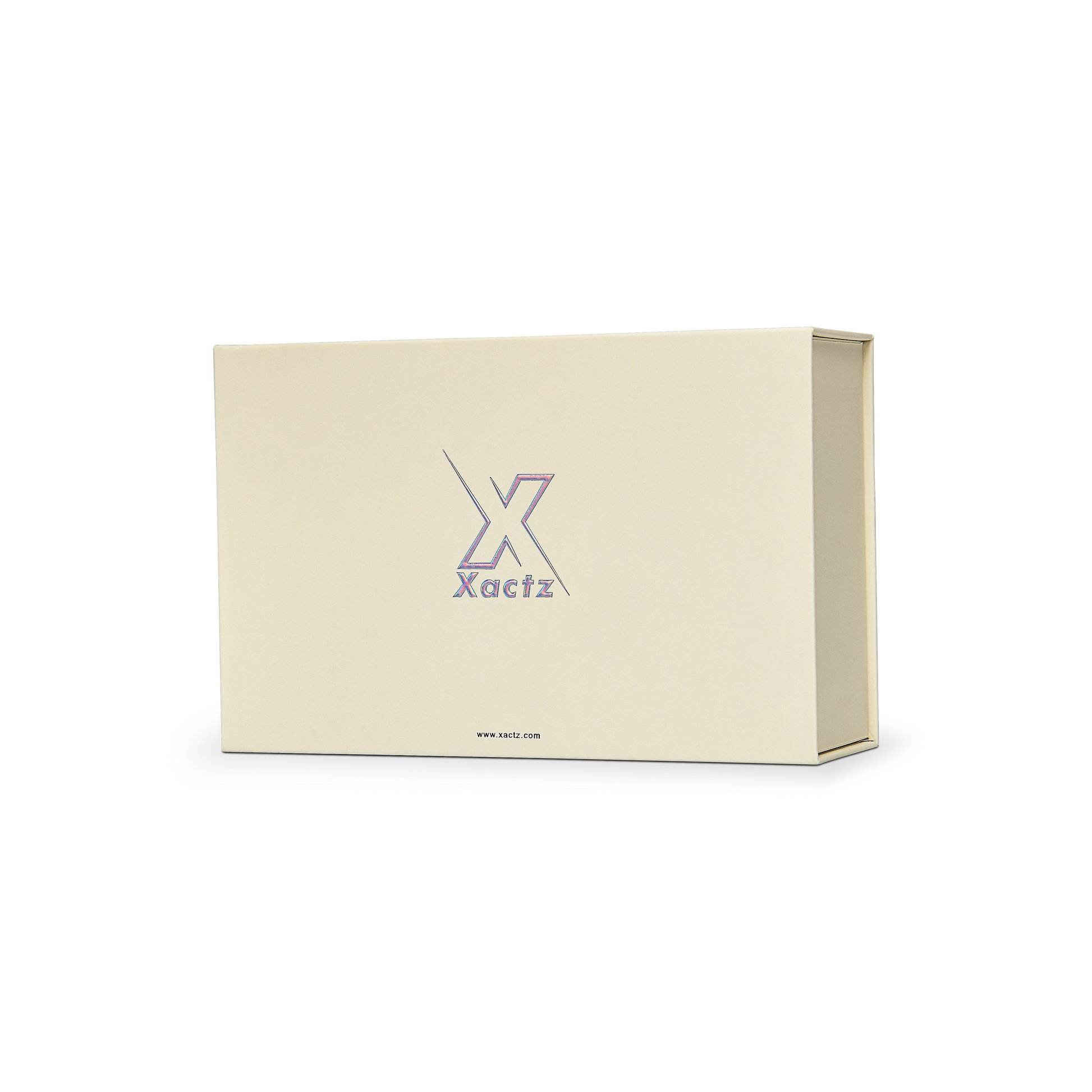 Premium Beige Book-Style Box with Embossed Holographic Silver Foil, Touch Film, Magnetic Closure and Yellow Raffia Grass Interior