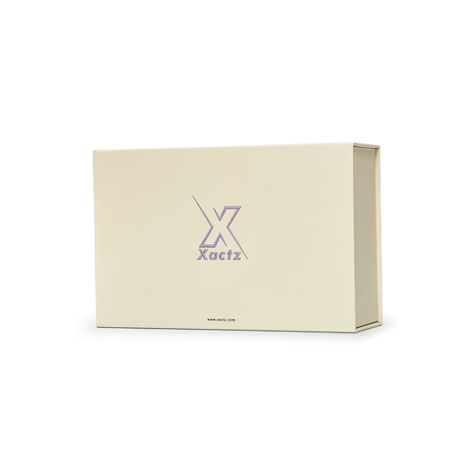 Premium Beige Book-Style Box with Embossed Holographic Silver Foil, Touch Film, Magnetic Closure and Yellow Raffia Grass Interior