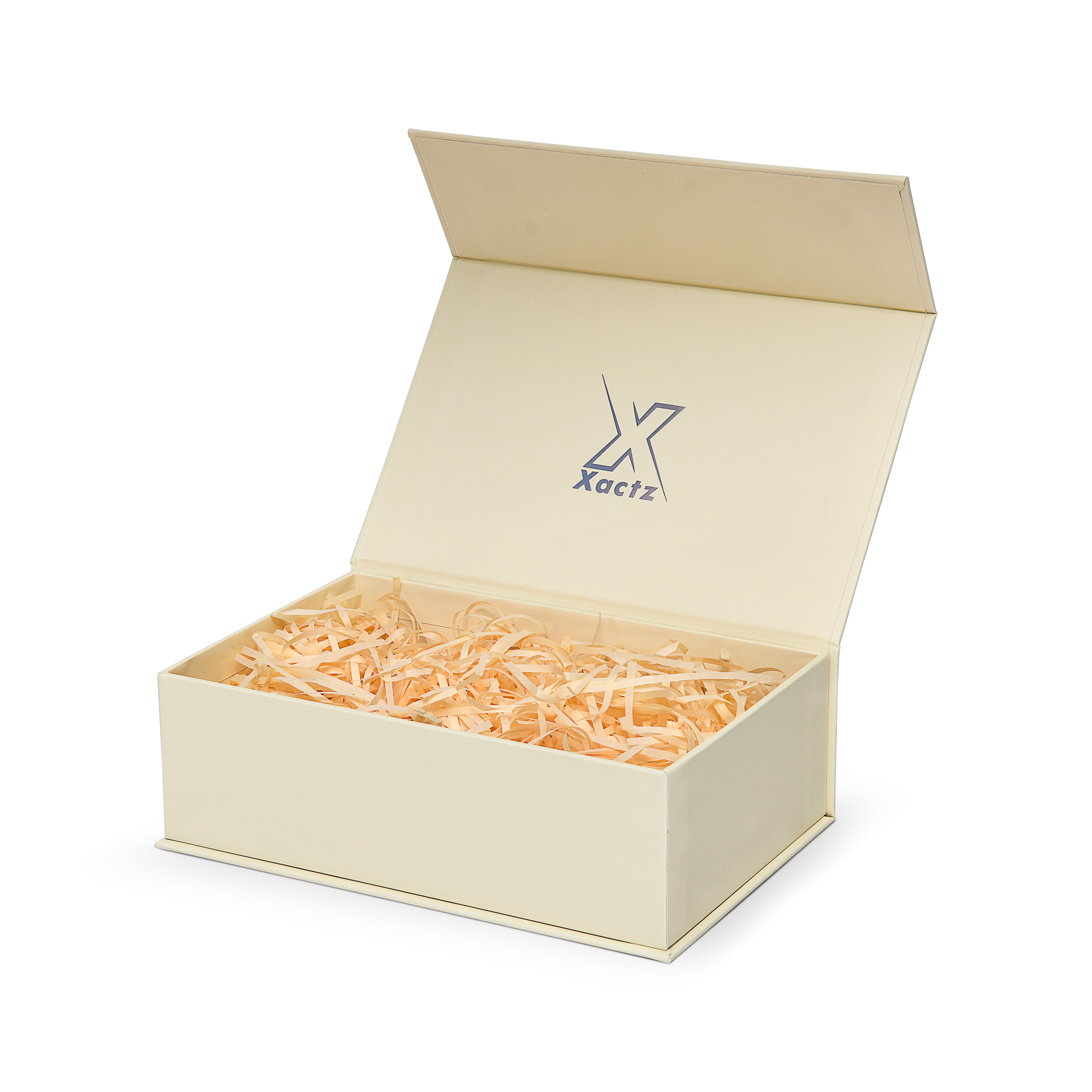 Premium Beige Book-Style Box with Embossed Holographic Silver Foil, Touch Film, Magnetic Closure and Yellow Raffia Grass Interior