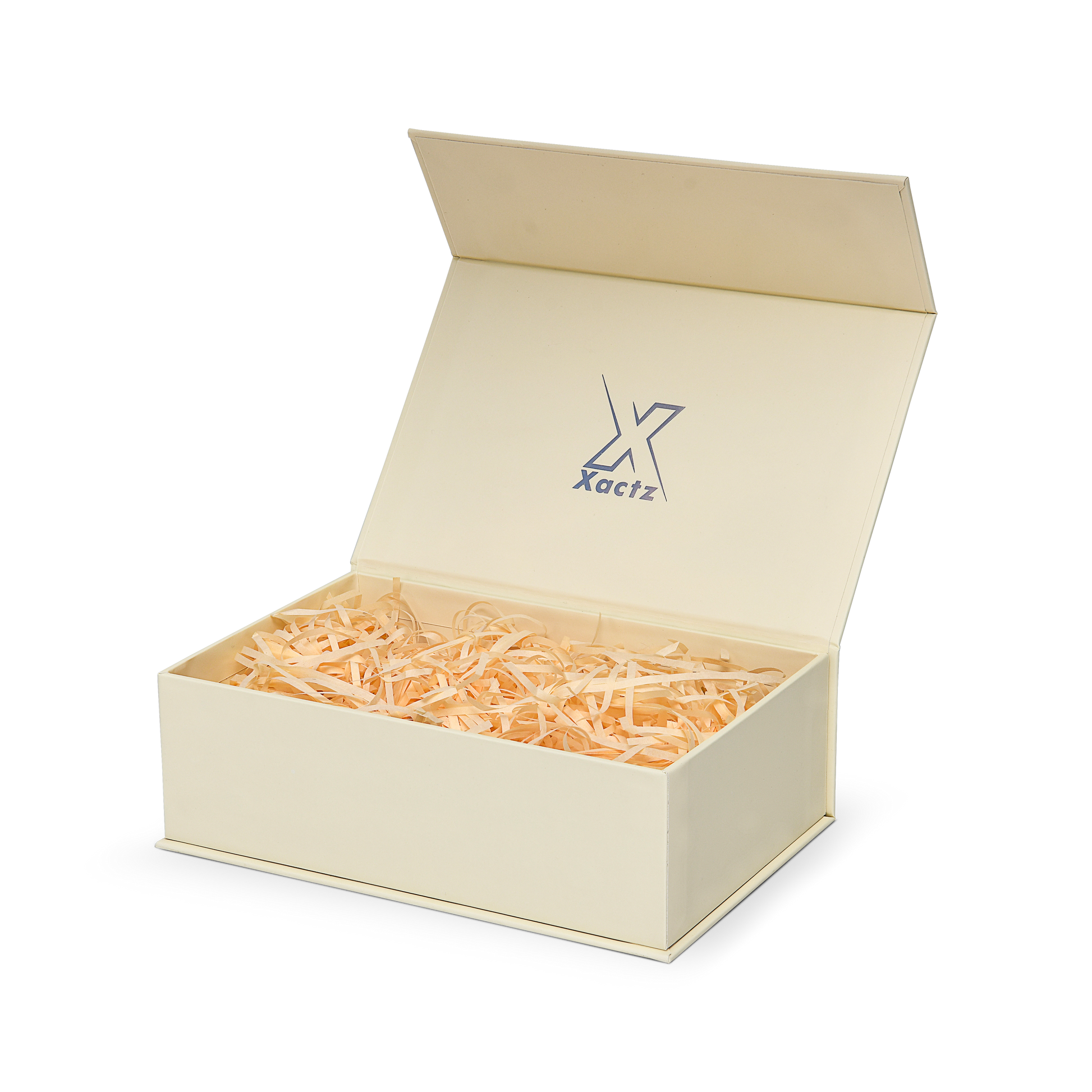 Premium Beige Book-Style Box with Embossed Holographic Silver Foil, Touch Film, Magnetic Closure and Yellow Raffia Grass Interior