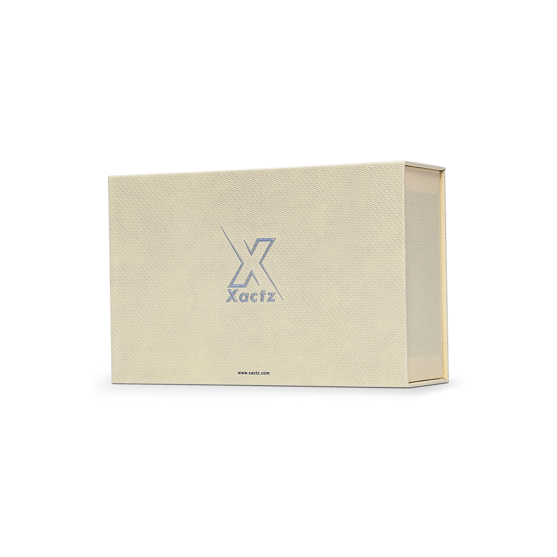 Premium Beige Book-Style Box with Embossed Holographic Silver Foil, Touch Film, Silk Satin Lining and Magnetic Closure