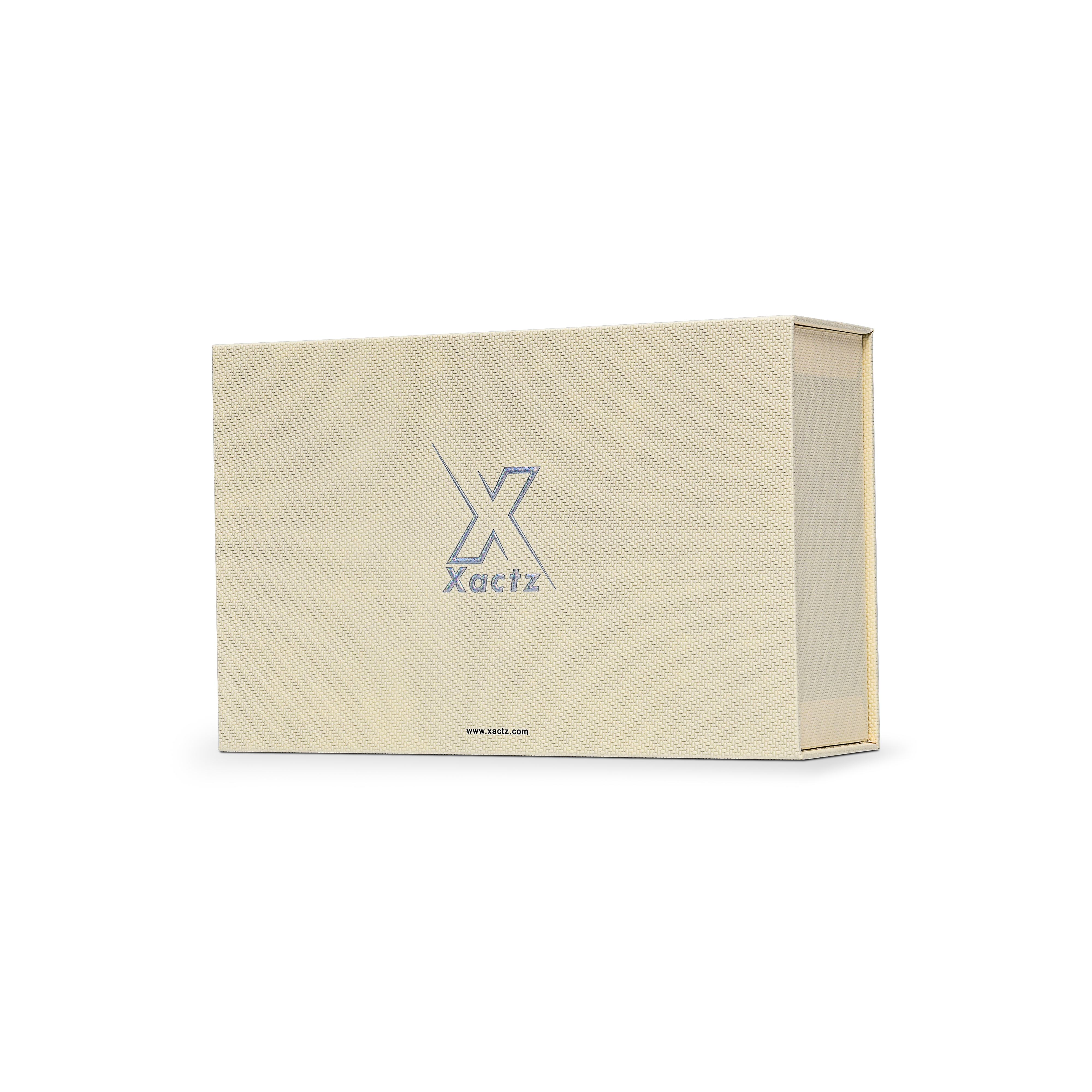 Premium Beige Book-Style Box with Embossed Holographic Silver Foil, Touch Film, Silk Satin Lining and Magnetic Closure