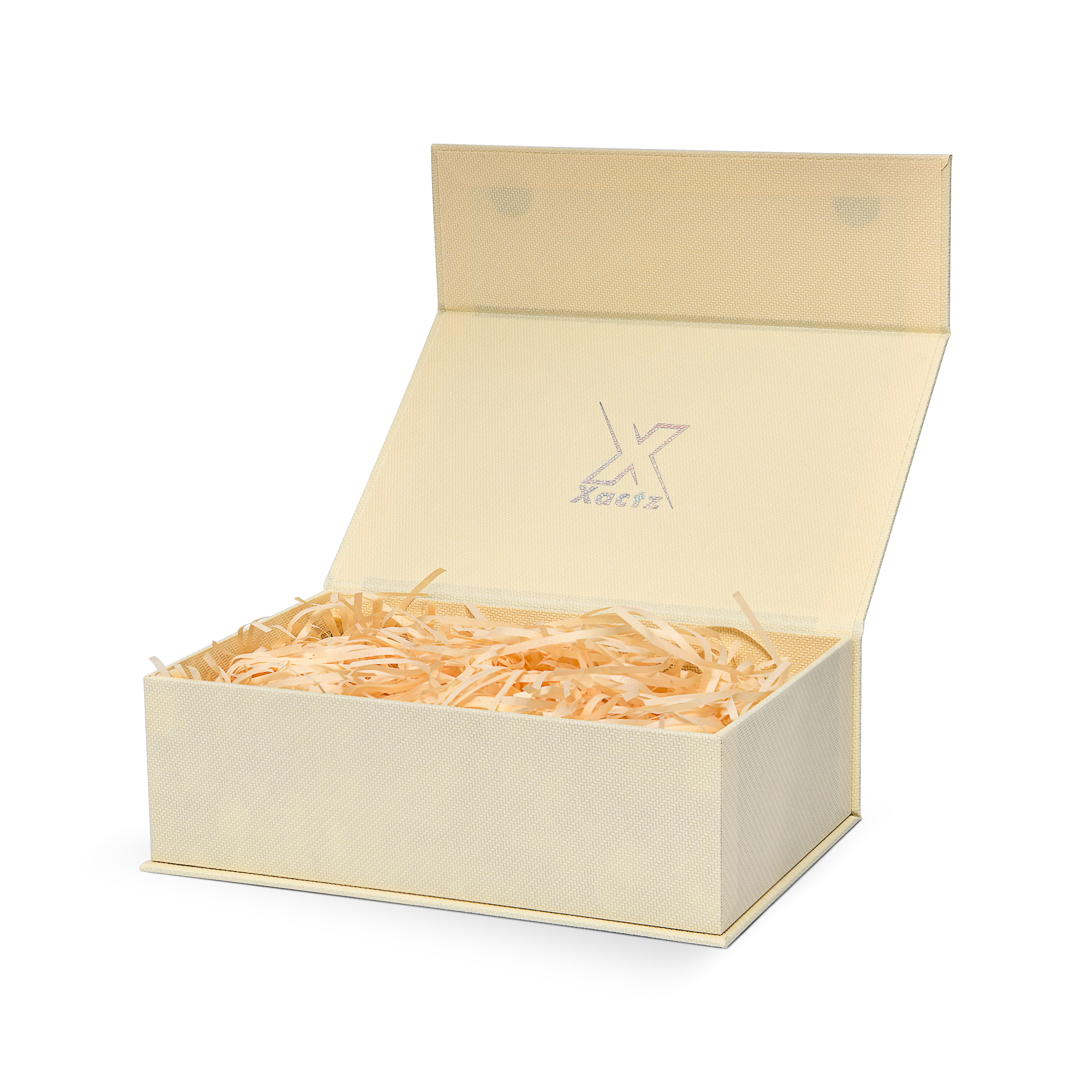 Premium Beige Book-Style Box with Embossed Holographic Silver Foil, Touch Film, Silk Satin Lining and Magnetic Closure