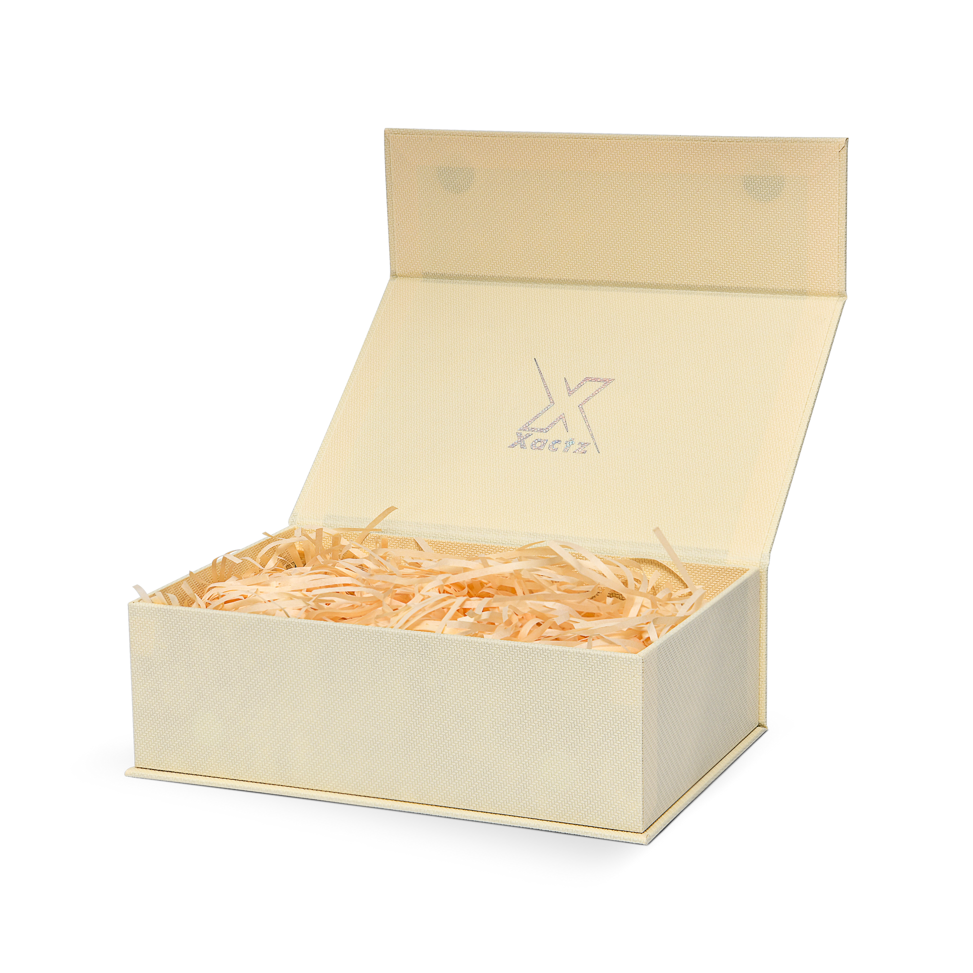 Premium Beige Book-Style Box with Embossed Holographic Silver Foil, Touch Film, Silk Satin Lining and Magnetic Closure