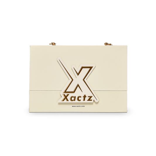 Luxury Custom Beige Flip Top Box Gold Foil Pearl Chain Handle Packaging