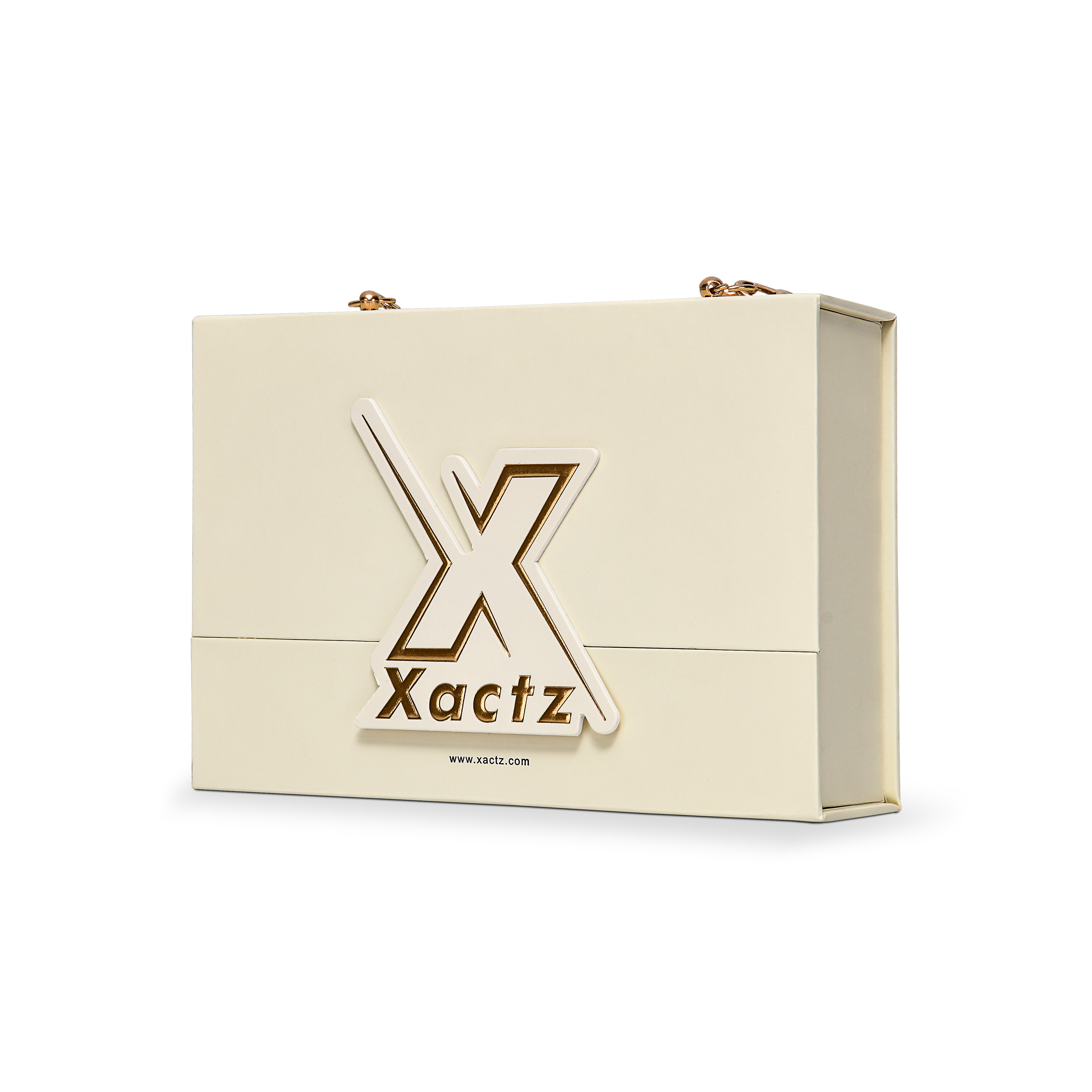 Luxury Custom Beige Flip Top Box Gold Foil Pearl Chain Handle Packaging