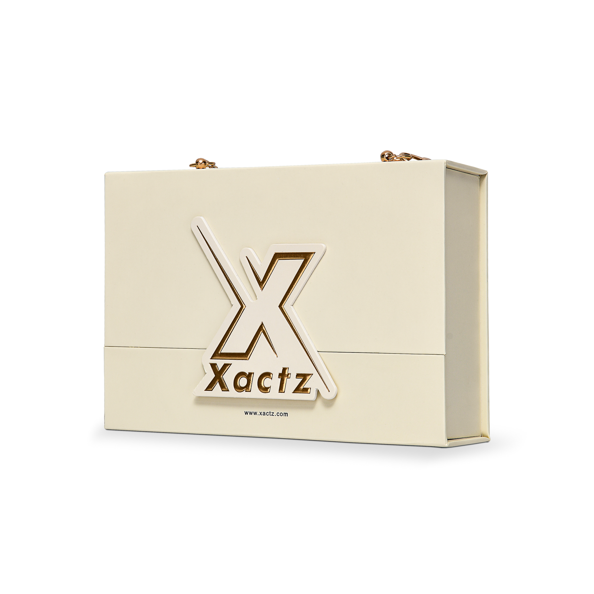 Luxury Custom Beige Flip Top Box Gold Foil Pearl Chain Handle Packaging