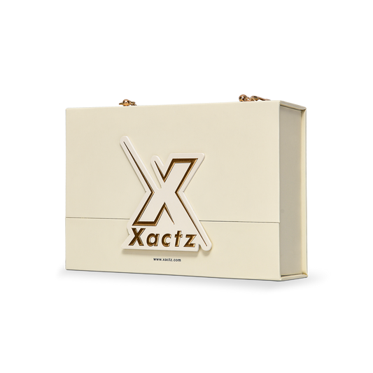 Luxury Custom Beige Flip Top Box Gold Foil Pearl Chain Handle Packaging