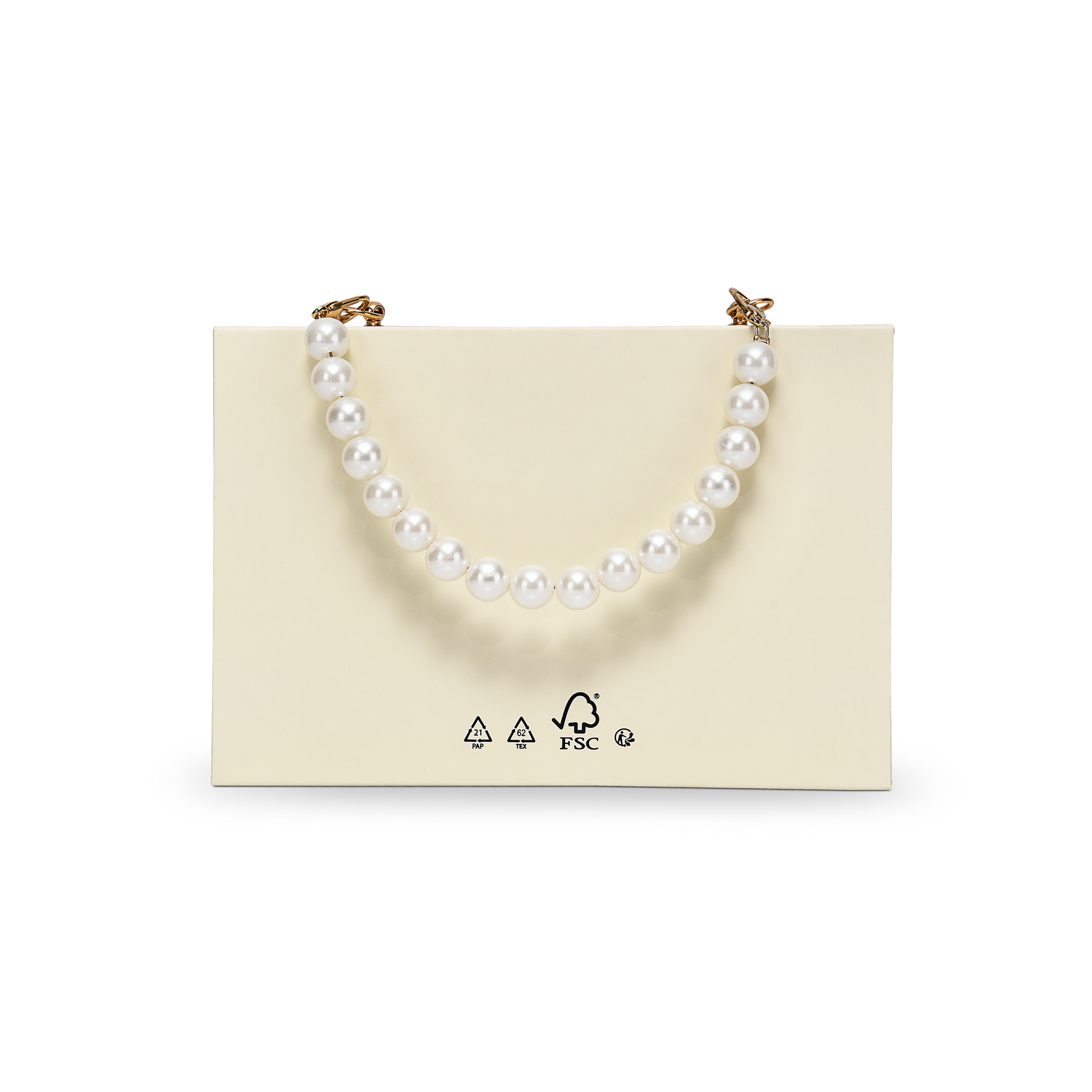 Luxury Custom Beige Flip Top Box Gold Foil Pearl Chain Handle Packaging