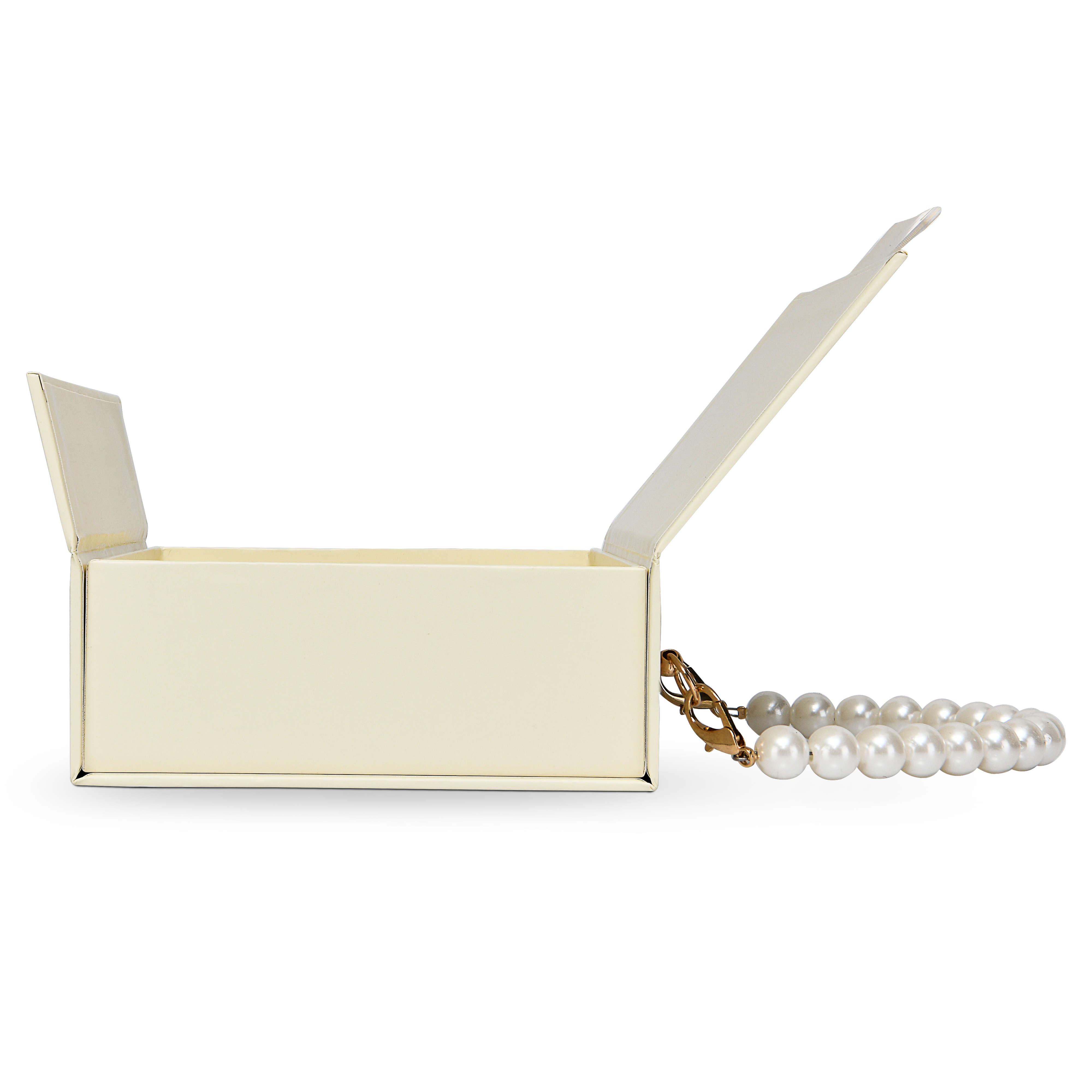 Luxury Custom Beige Flip Top Box Gold Foil Pearl Chain Handle Packaging