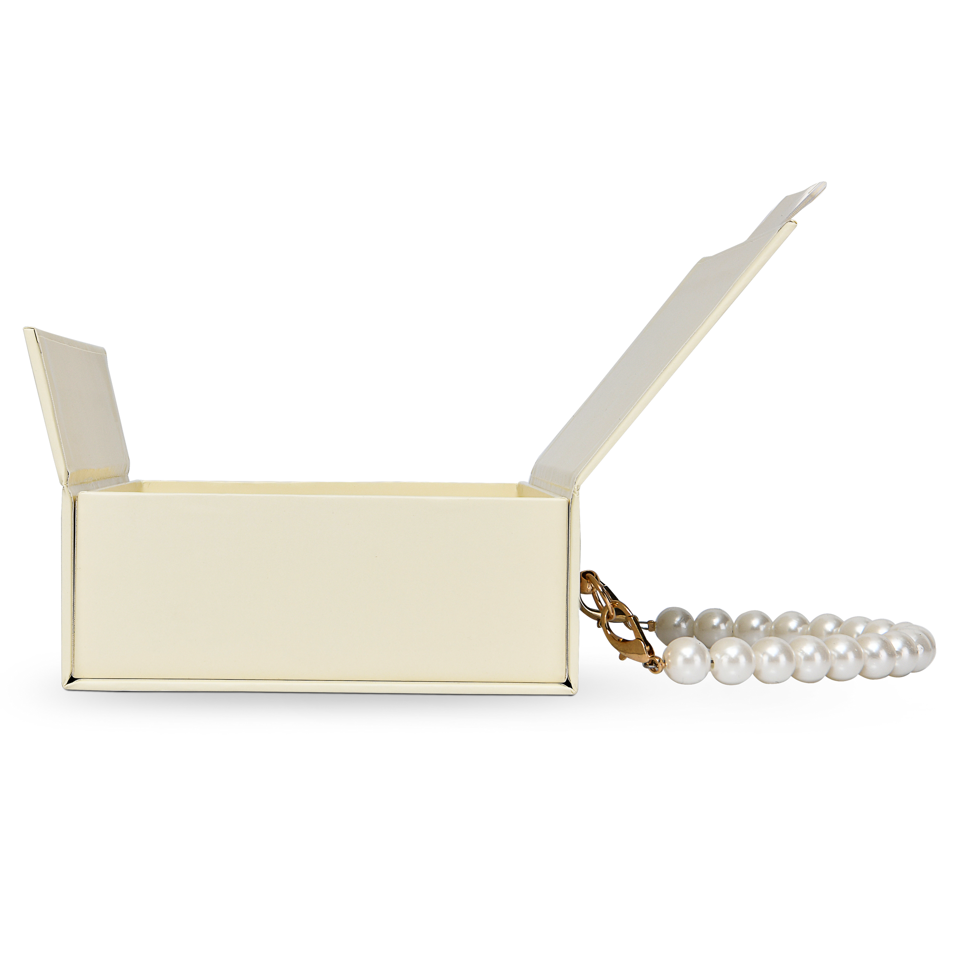 Luxury Custom Beige Flip Top Box Gold Foil Pearl Chain Handle Packaging