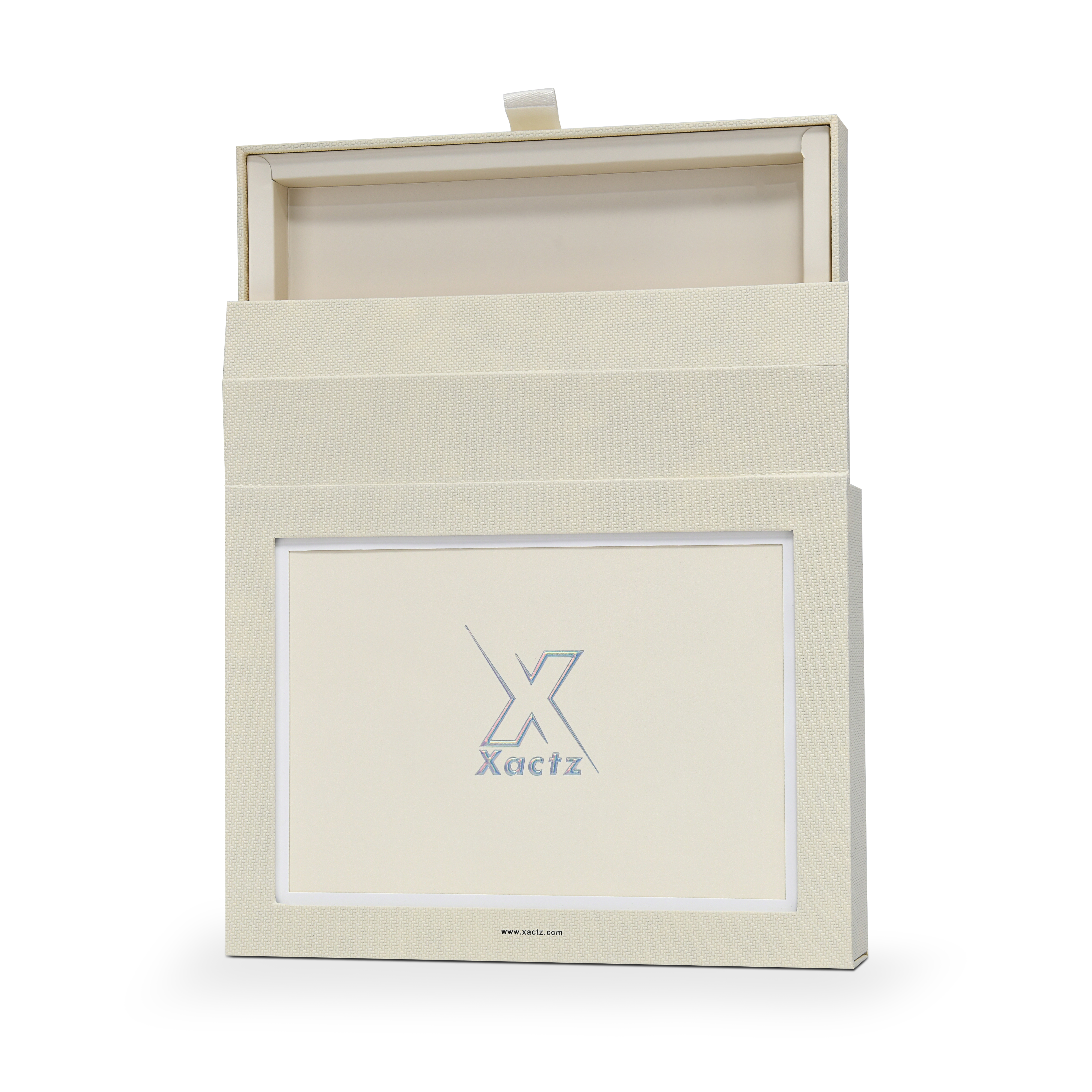Coffret de présentation de luxe sur mesure, pour album photo beige, avec ruban