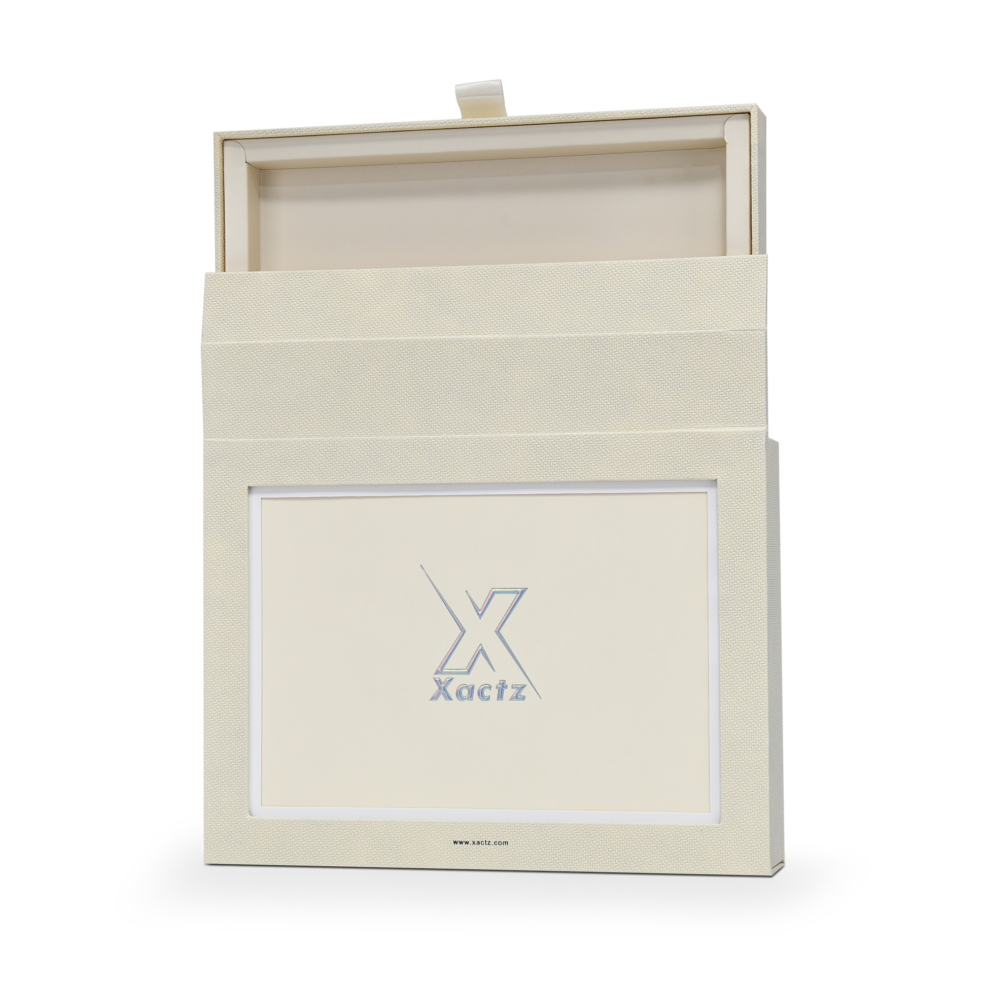 Coffret de présentation de luxe sur mesure, pour album photo beige, avec ruban