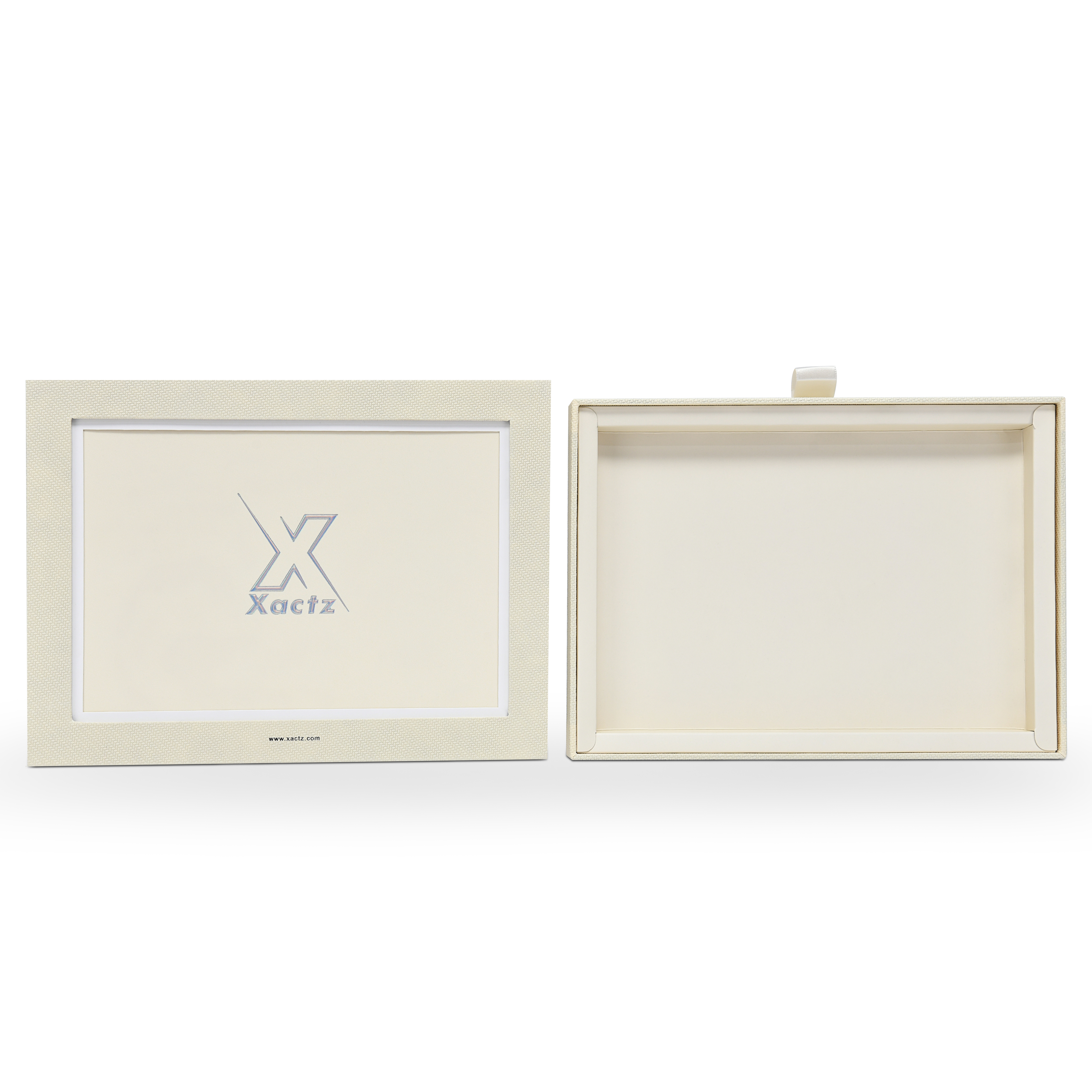 Coffret de présentation de luxe sur mesure, pour album photo beige, avec ruban
