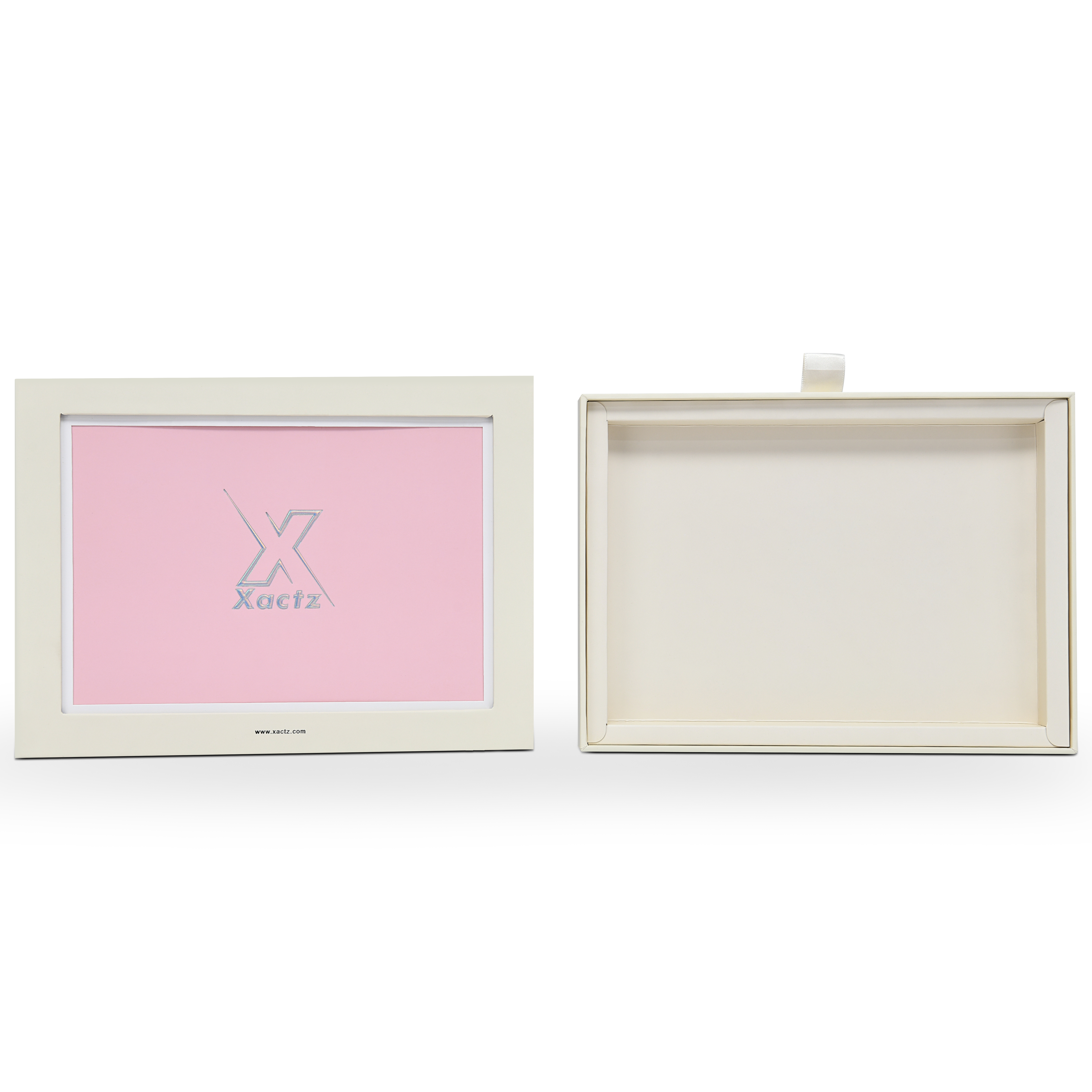 Boîte de présentation d'album photo de luxe sur mesure beige avec tirette en ruban