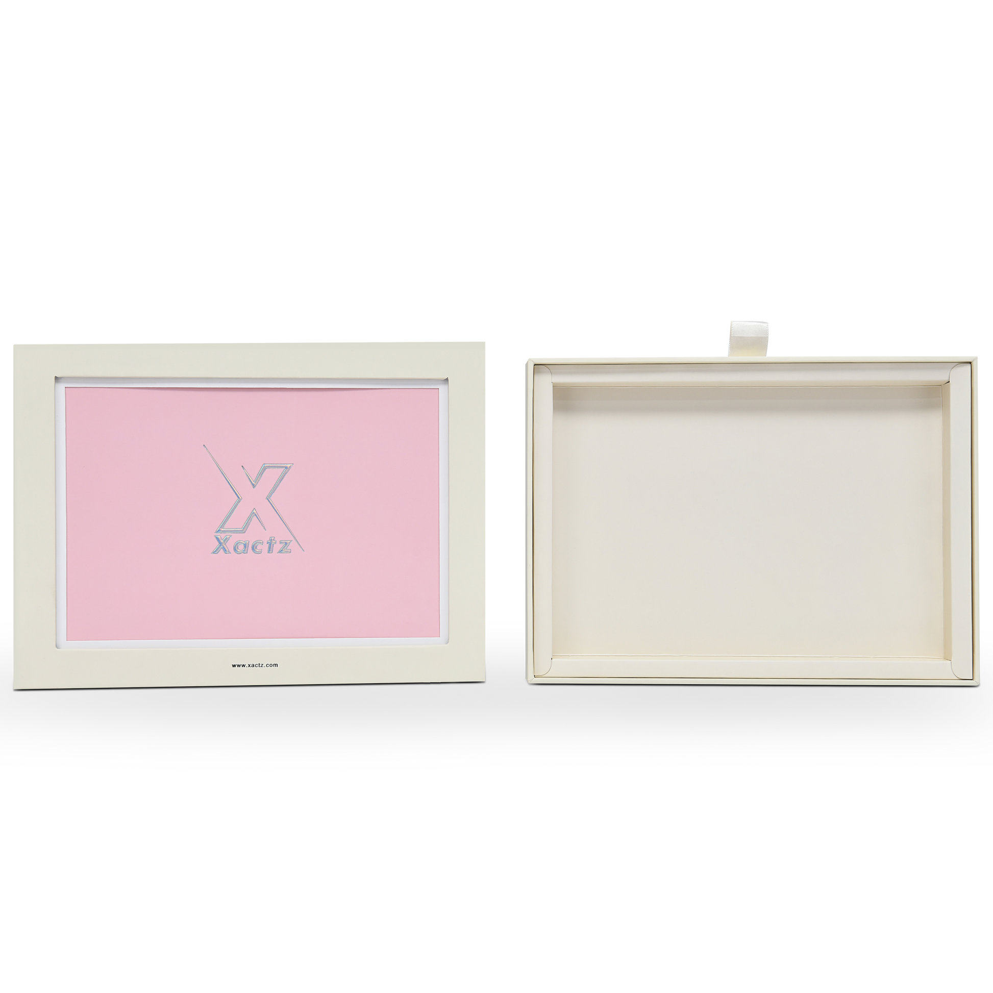 Boîte de présentation d'album photo de luxe sur mesure beige avec tirette en ruban