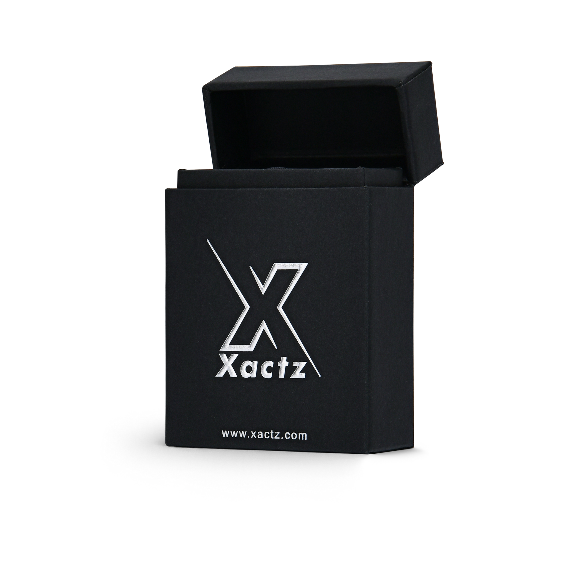 Coffret de luxe noir personnalisé avec couvercle à rabat, film argenté et calage en mousse EVA