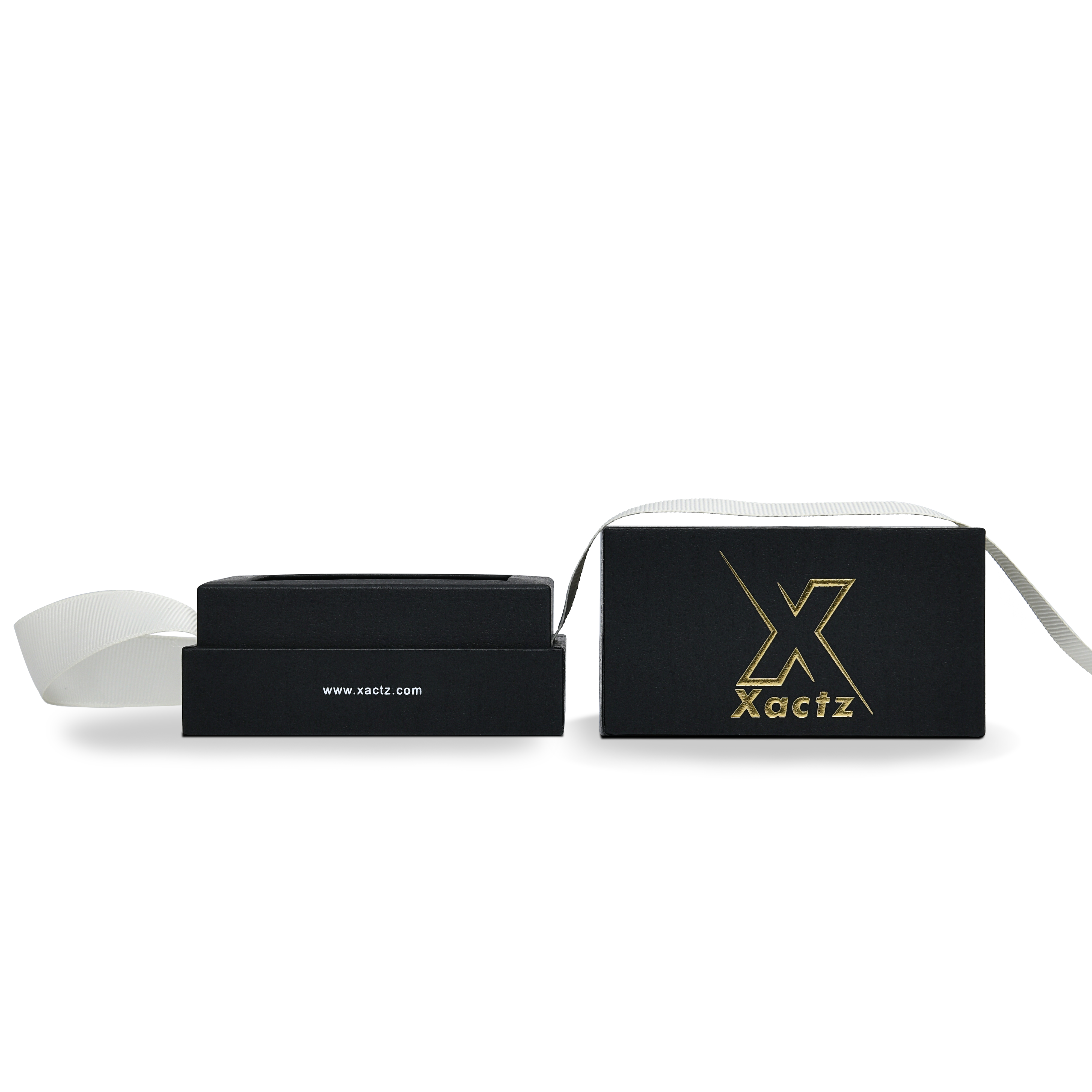 Premium Black Textured Gold Embossed Hot Stamped Rigid Lid and Base Gift Box with Ribbon Closure