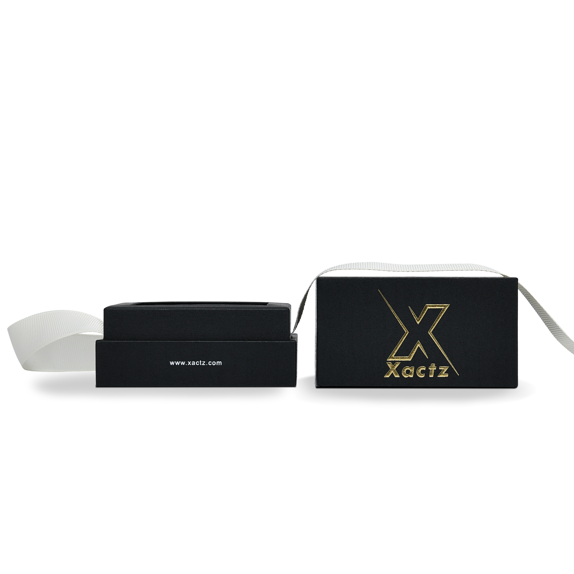 Premium Black Textured Gold Embossed Hot Stamped Rigid Lid and Base Gift Box with Ribbon Closure