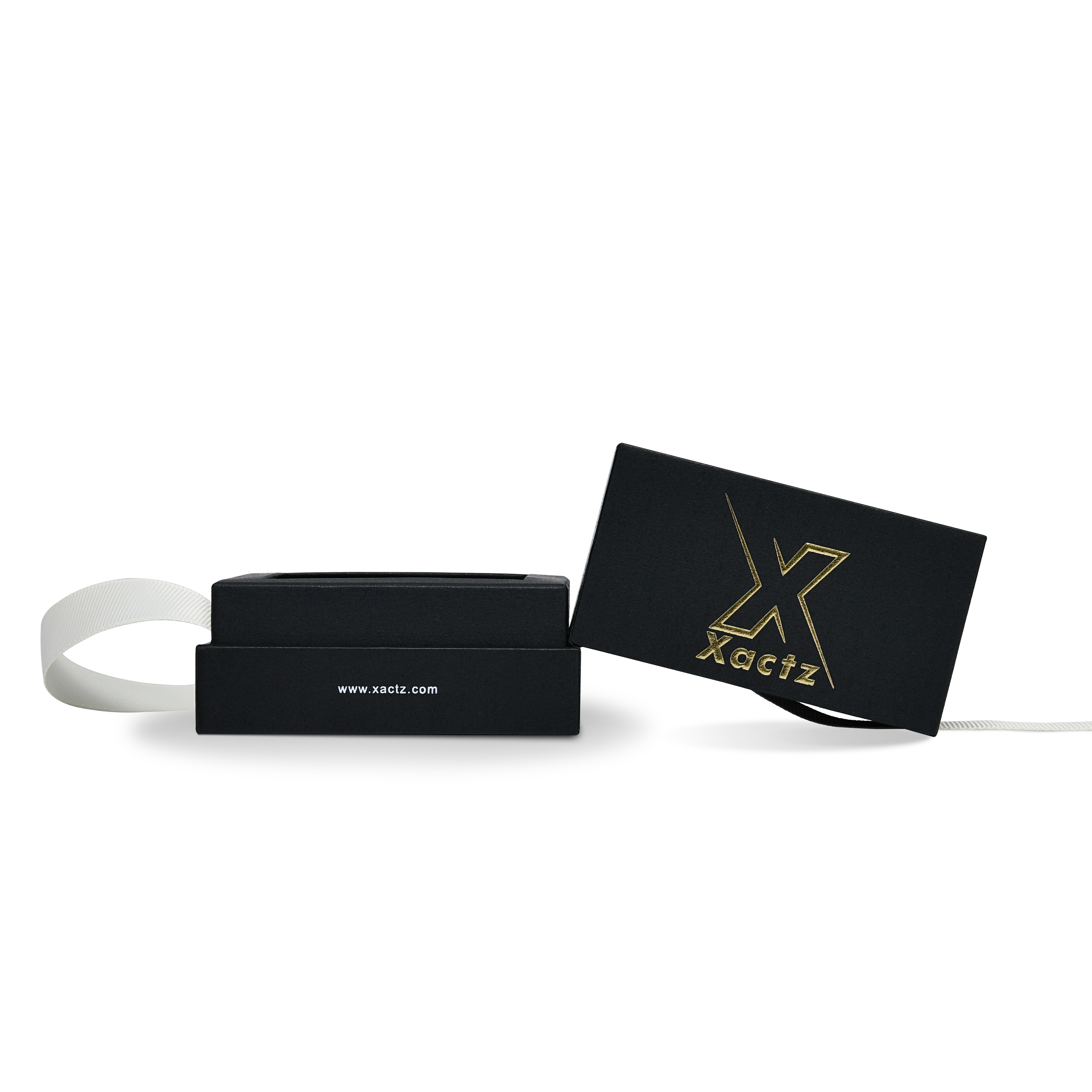 Premium Black Textured Gold Embossed Hot Stamped Rigid Lid and Base Gift Box with Ribbon Closure