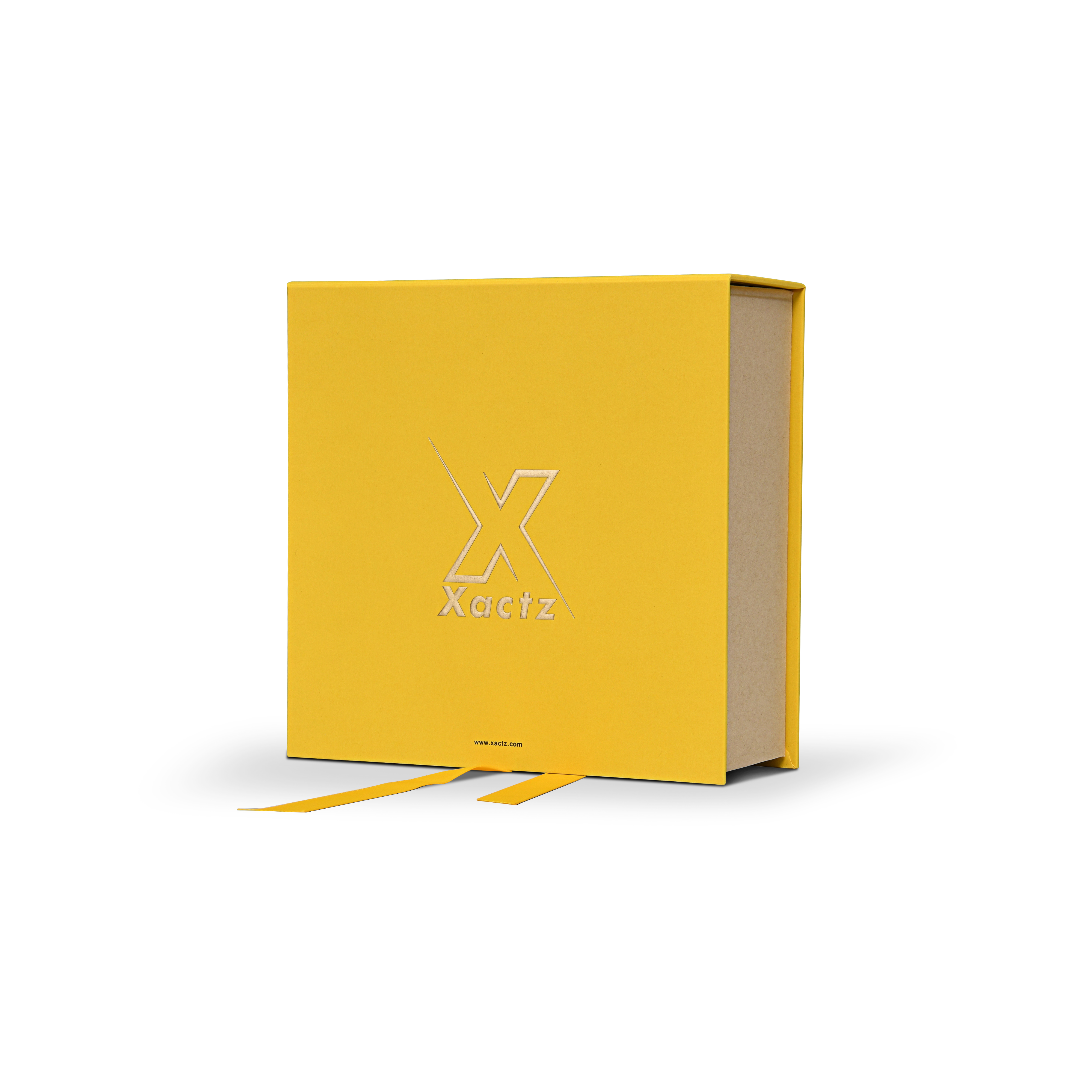 Premium Bright Yellow Embossed Gold Foil Foldable Book-Shaped Luxury Gift Box with Dual-Layer Construction, Textured Interior, Ribbon Details, and Satin Lining
