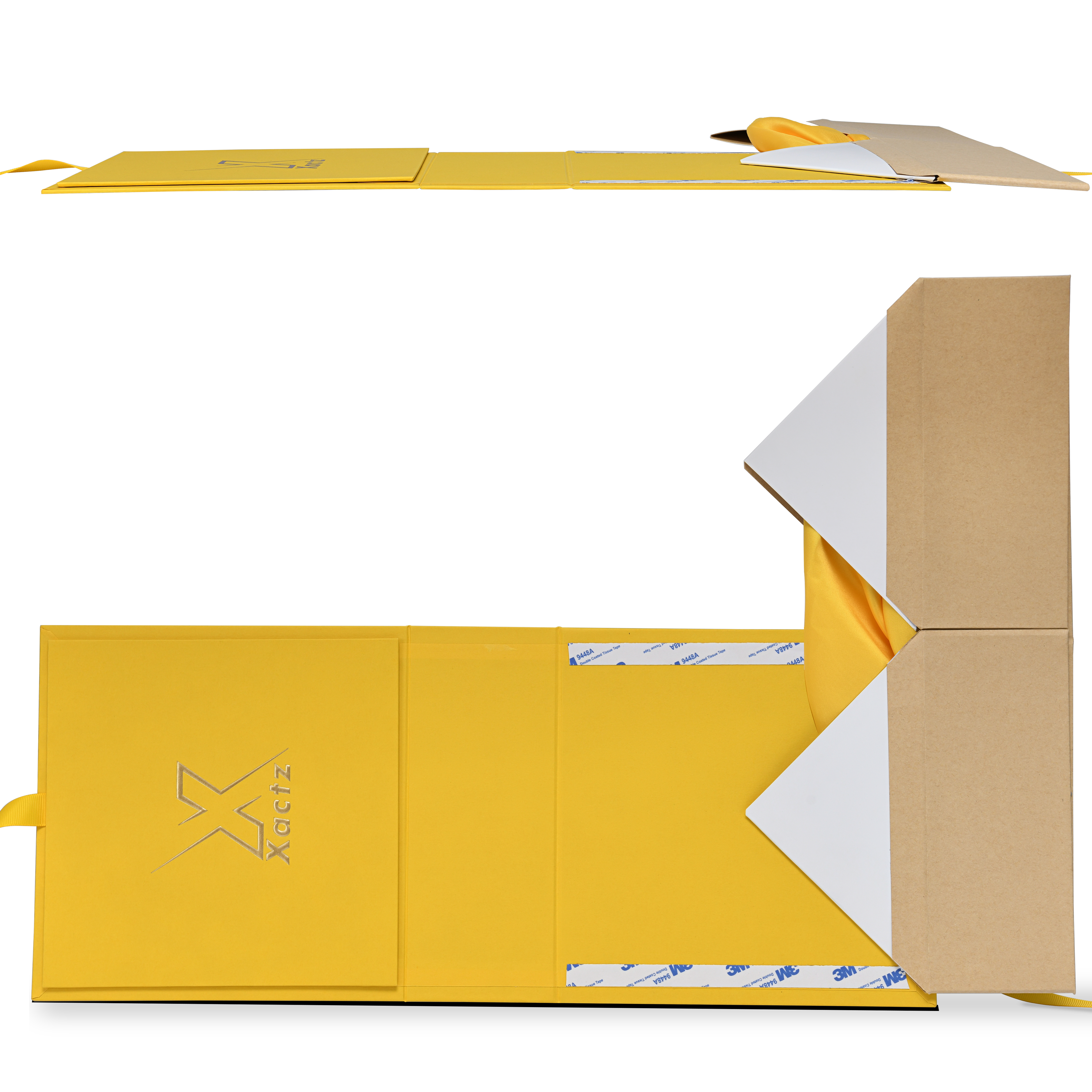 Premium Bright Yellow Embossed Gold Foil Foldable Book-Shaped Luxury Gift Box with Dual-Layer Construction, Textured Interior, Ribbon Details, and Satin Lining