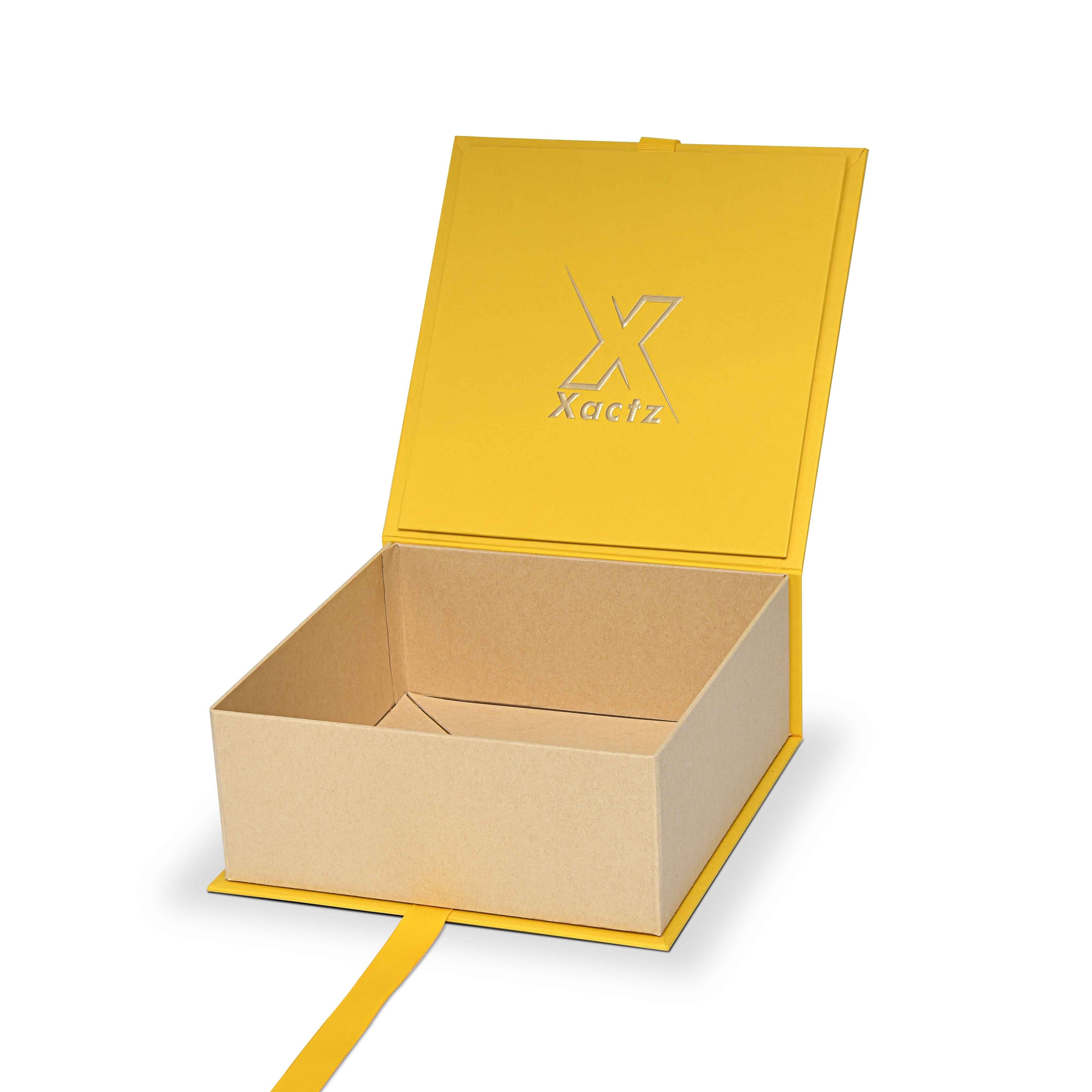 Luxuriöse maßgeschneiderte gelbe faltbare Buchbox mit Banddetails Goldfolienverpackung