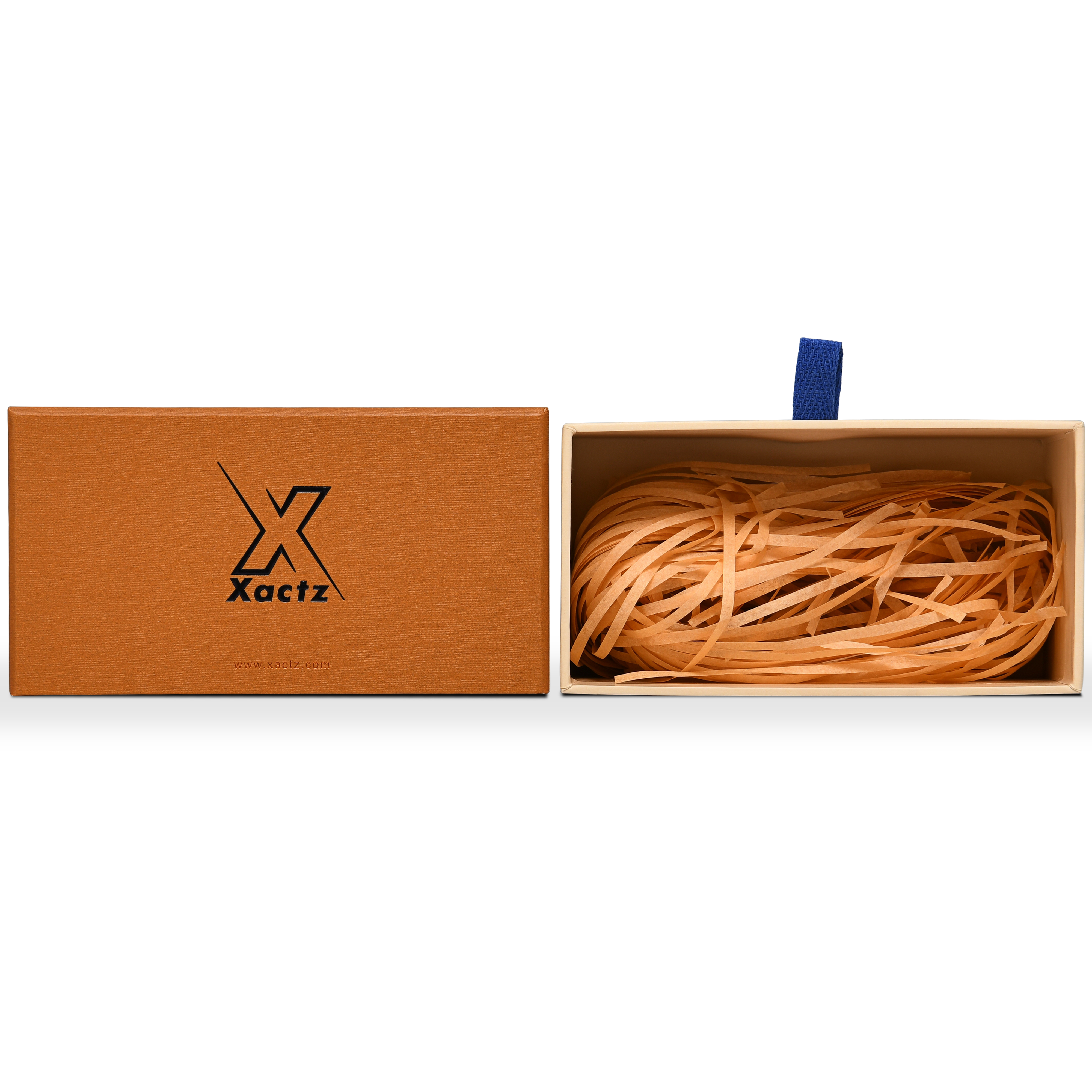 Premium Burnt Orange Textured Linen Embossed Black Gold Foil Drawer-Style Luxury Gift Box with Blue Ribbon Pull and Natural Raffia Fill