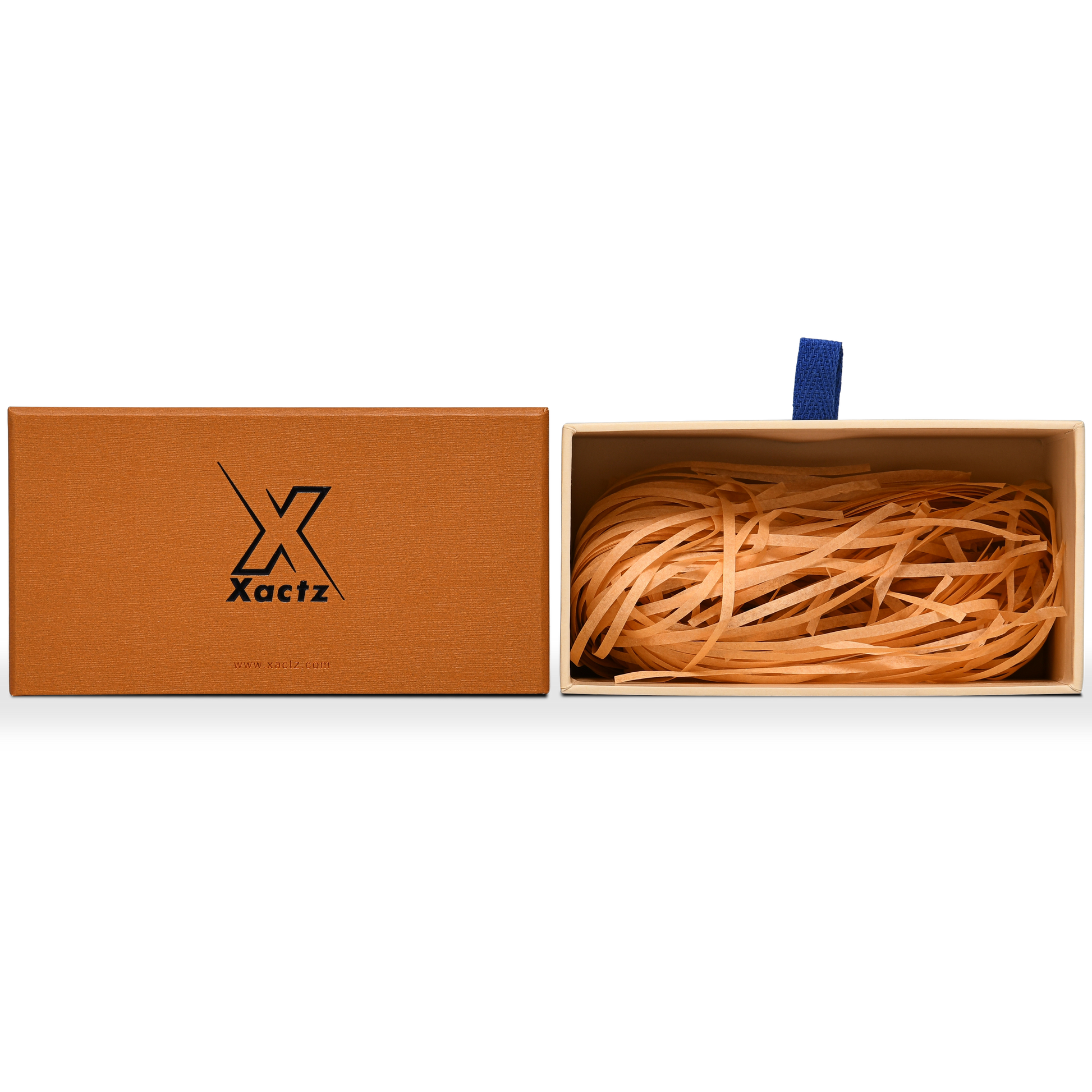 Premium Burnt Orange Textured Linen Embossed Black Gold Foil Drawer-Style Luxury Gift Box with Blue Ribbon Pull and Natural Raffia Fill