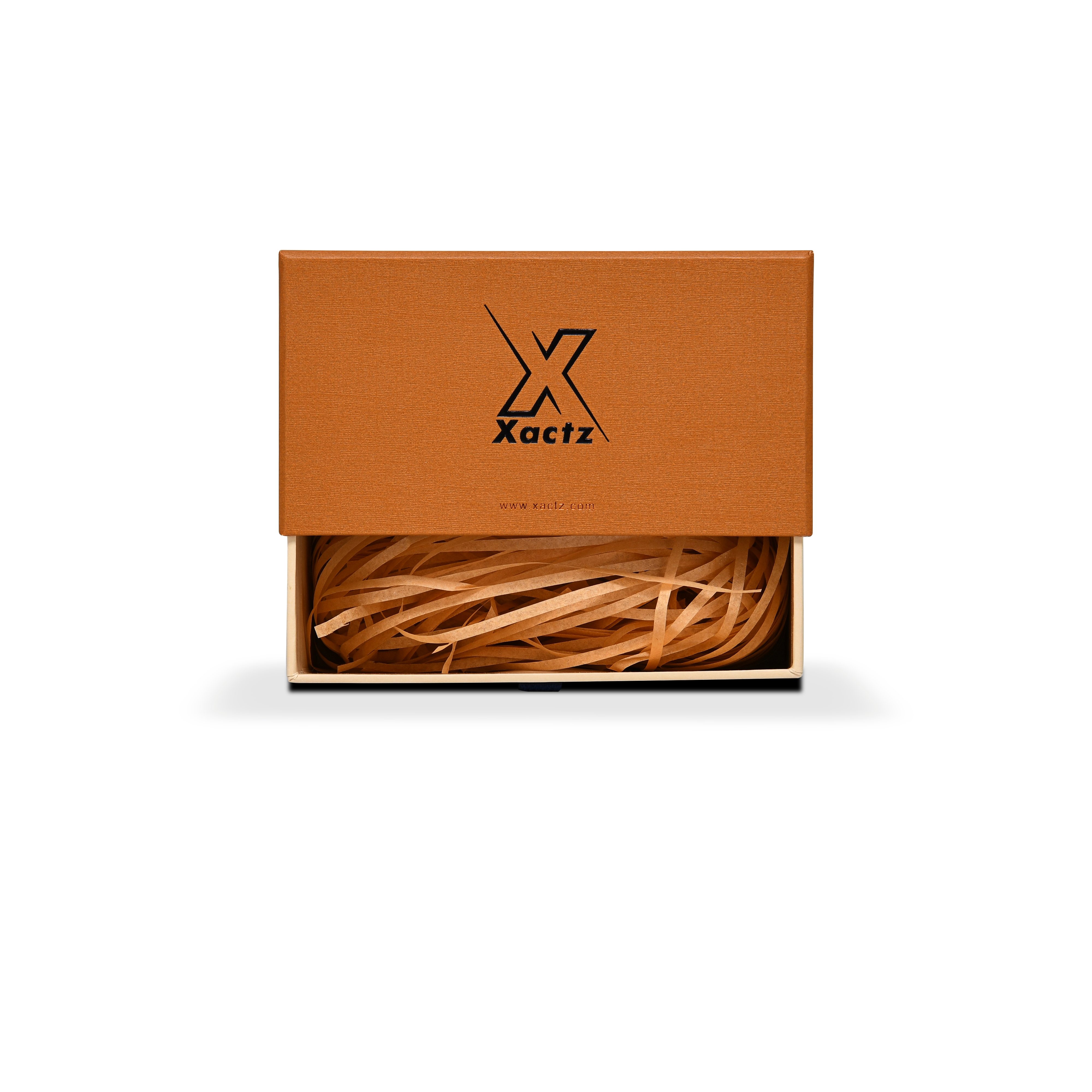 Premium Burnt Orange Textured Linen Embossed Black Gold Foil Drawer-Style Luxury Gift Box with Blue Ribbon Pull and Natural Raffia Fill