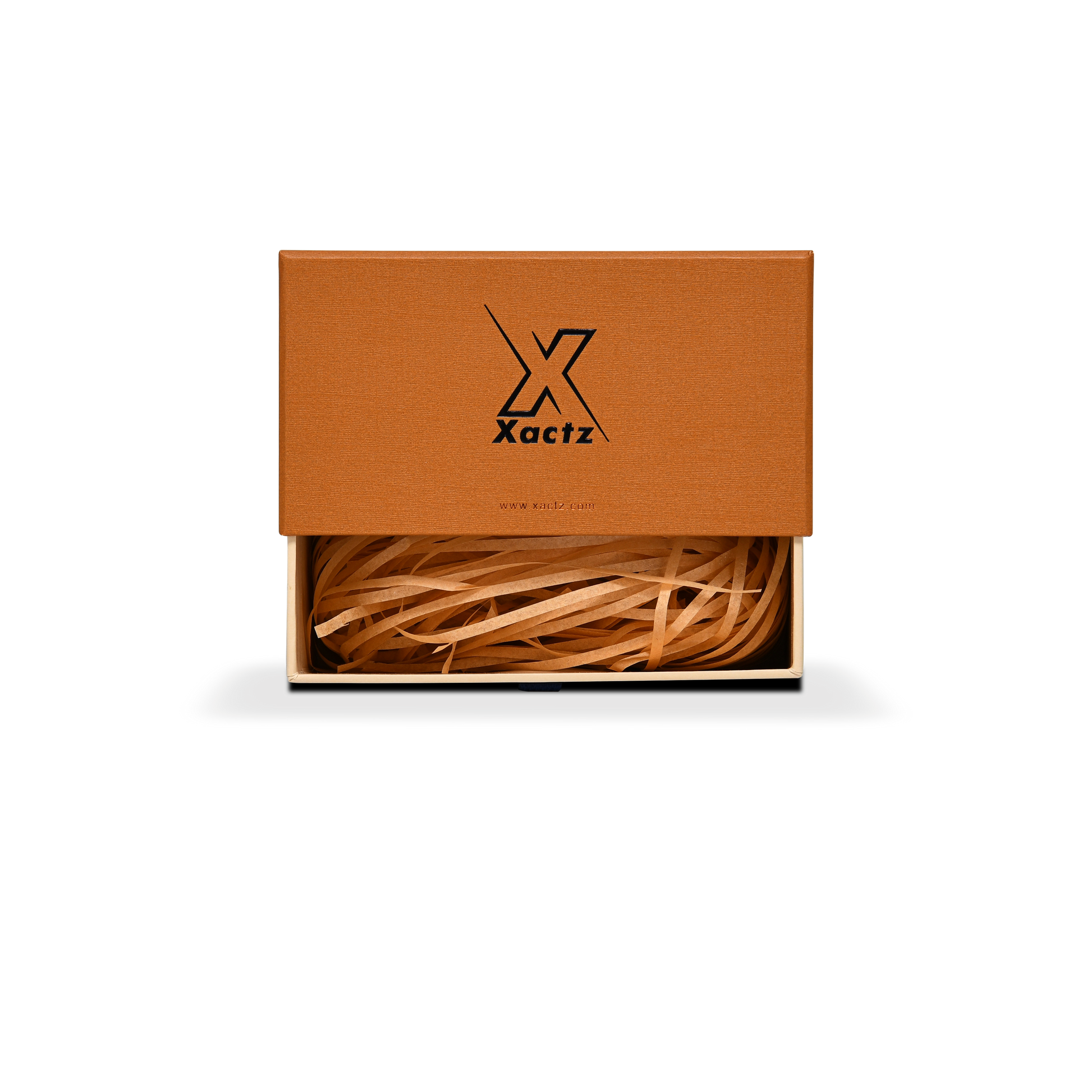 Premium Burnt Orange Textured Linen Embossed Black Gold Foil Drawer-Style Luxury Gift Box with Blue Ribbon Pull and Natural Raffia Fill