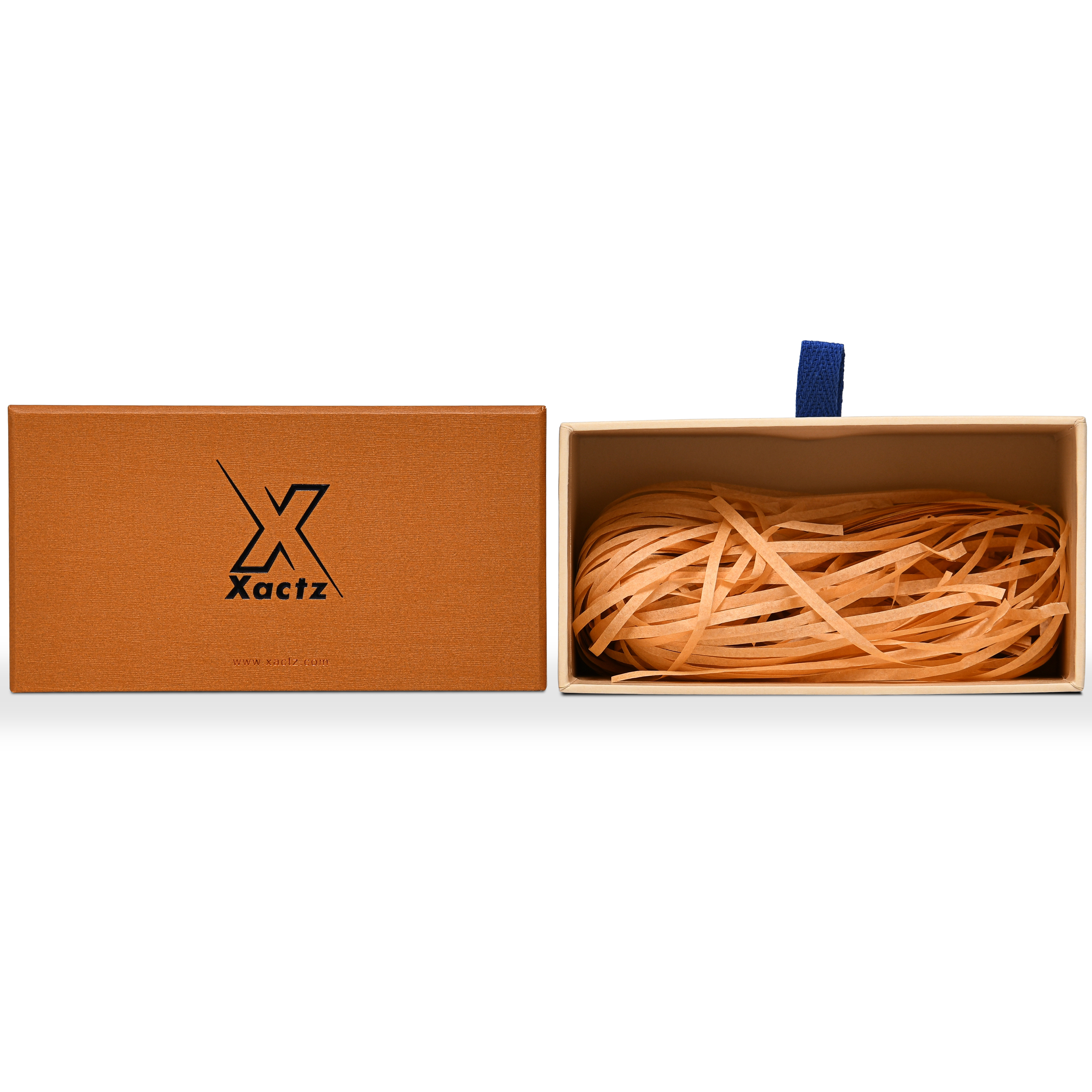 Premium Burnt Orange Textured Linen Embossed Black Gold Foil Drawer-Style Luxury Gift Box with Blue Ribbon Pull and Natural Raffia Fill