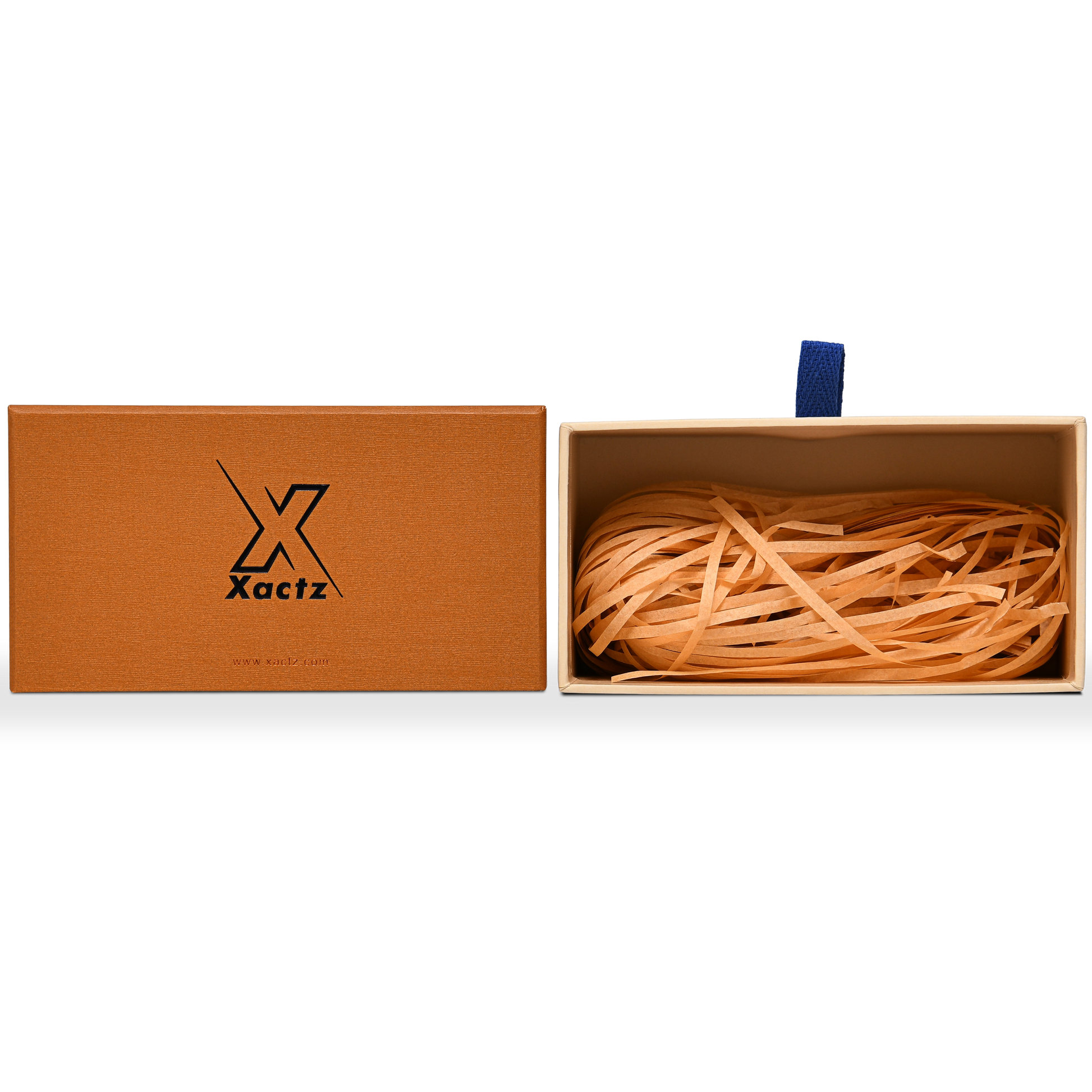 Premium Burnt Orange Textured Linen Embossed Black Gold Foil Drawer-Style Luxury Gift Box with Blue Ribbon Pull and Natural Raffia Fill
