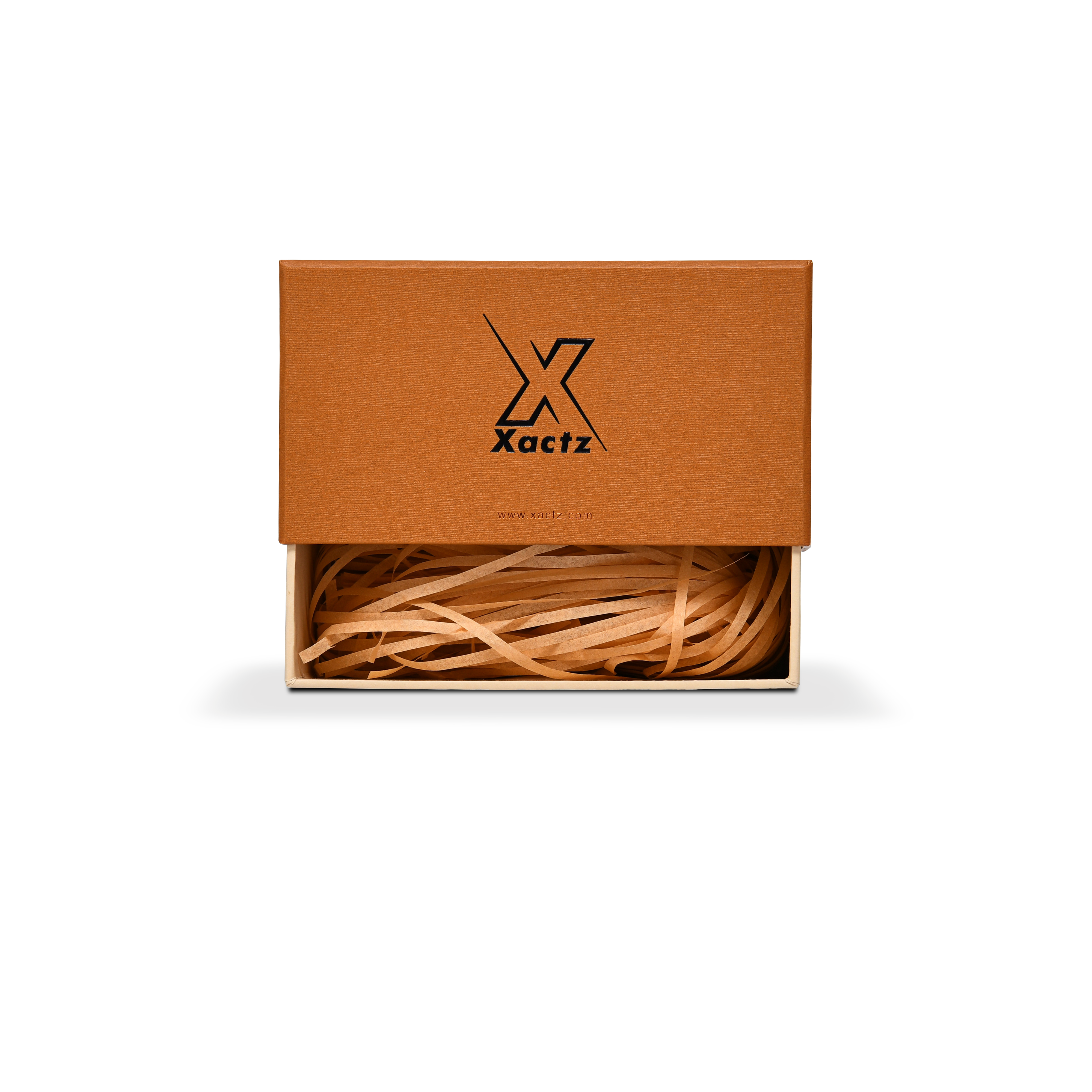 Premium Burnt Orange Textured Linen Embossed Black Gold Foil Drawer-Style Luxury Gift Box with Blue Ribbon Pull and Natural Raffia Fill