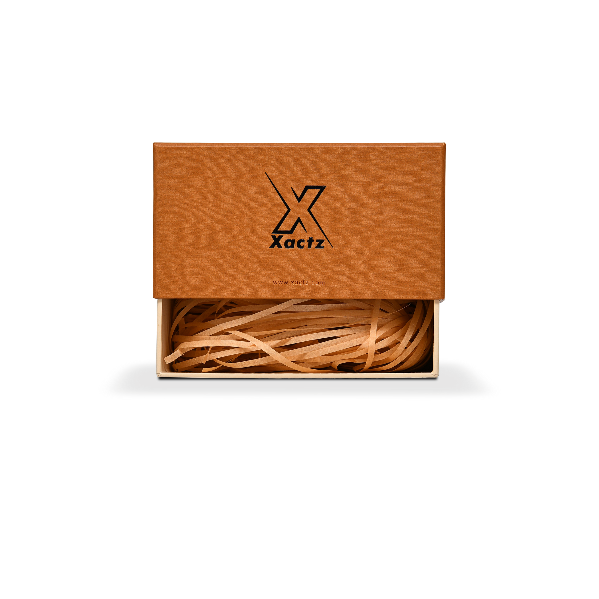 Premium Burnt Orange Textured Linen Embossed Black Gold Foil Drawer-Style Luxury Gift Box with Blue Ribbon Pull and Natural Raffia Fill